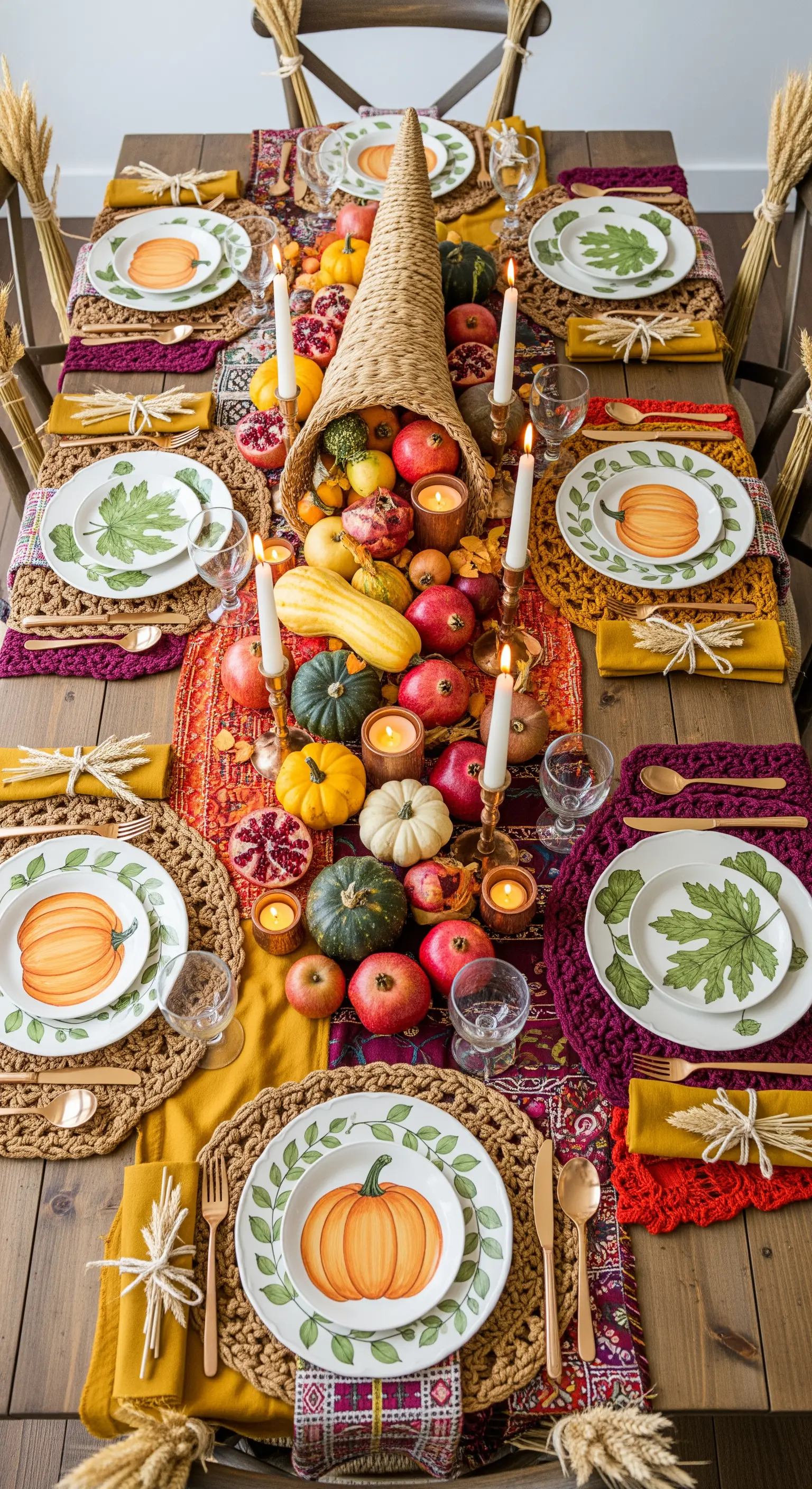 Tavola autunnale con centrotavola a cornucopia pieno di frutta e zucche