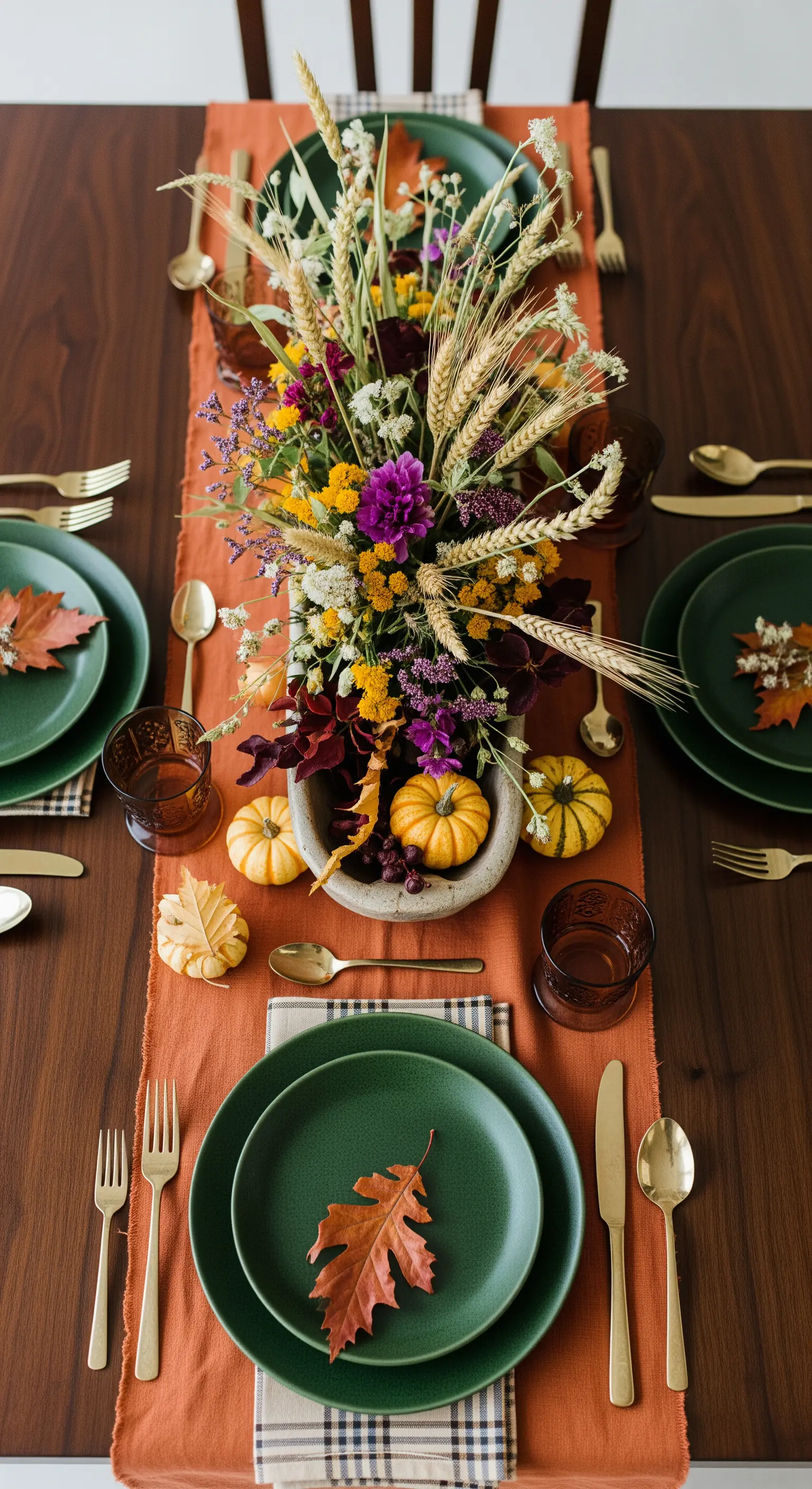 Tavola autunnale con runner color ruggine, piatti verdi, zucche e spighe di grano.