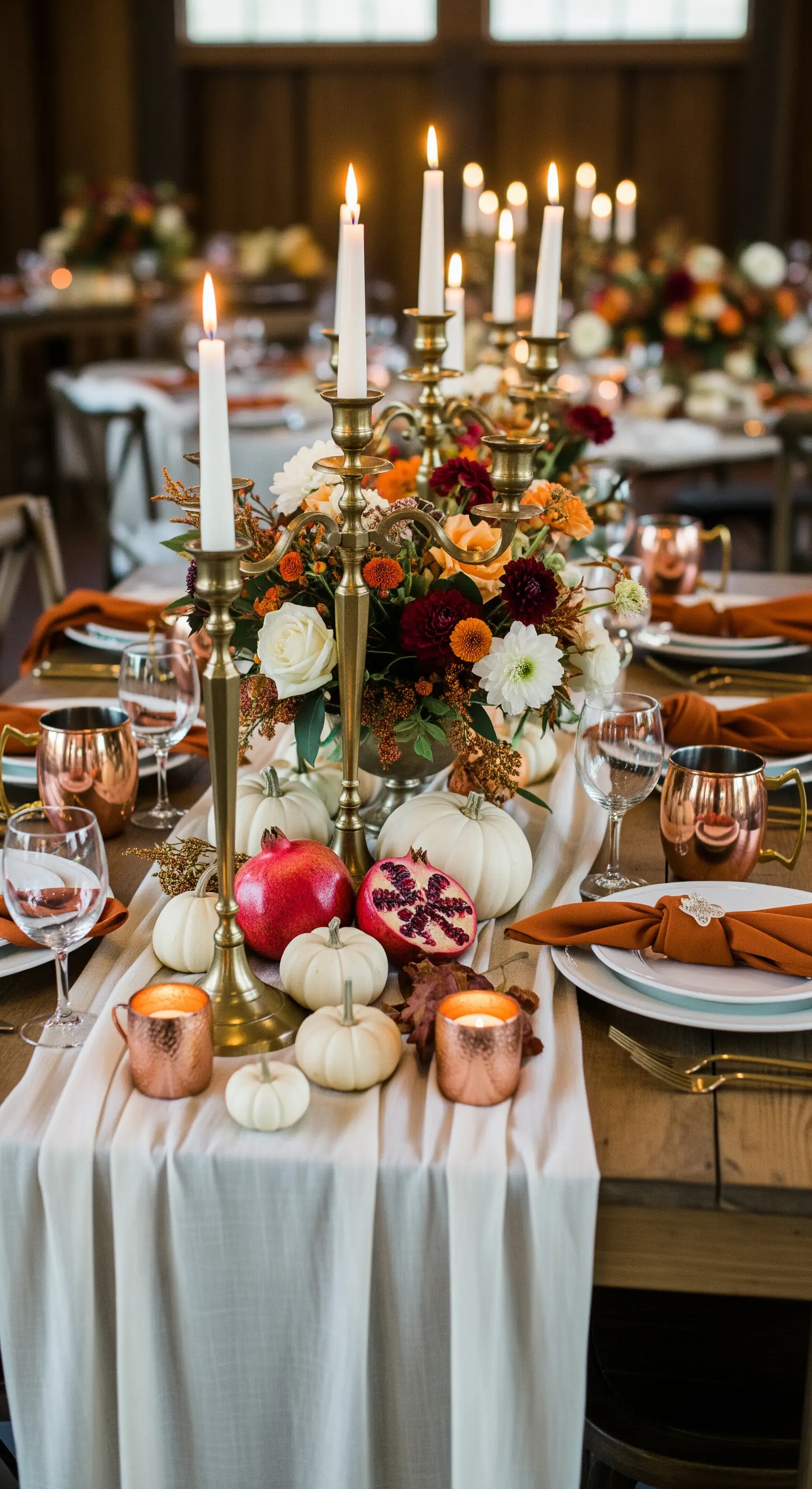 Tavola autunnale con zucche bianche, melograni, fiori arancioni e mug in rame.