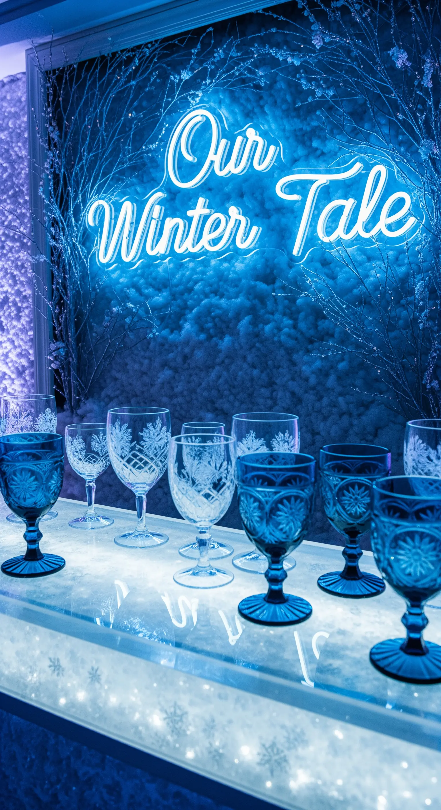 Bar a tema invernale con neon blu “Our Winter Tale”, neve finta e bicchieri blu e incisi.
