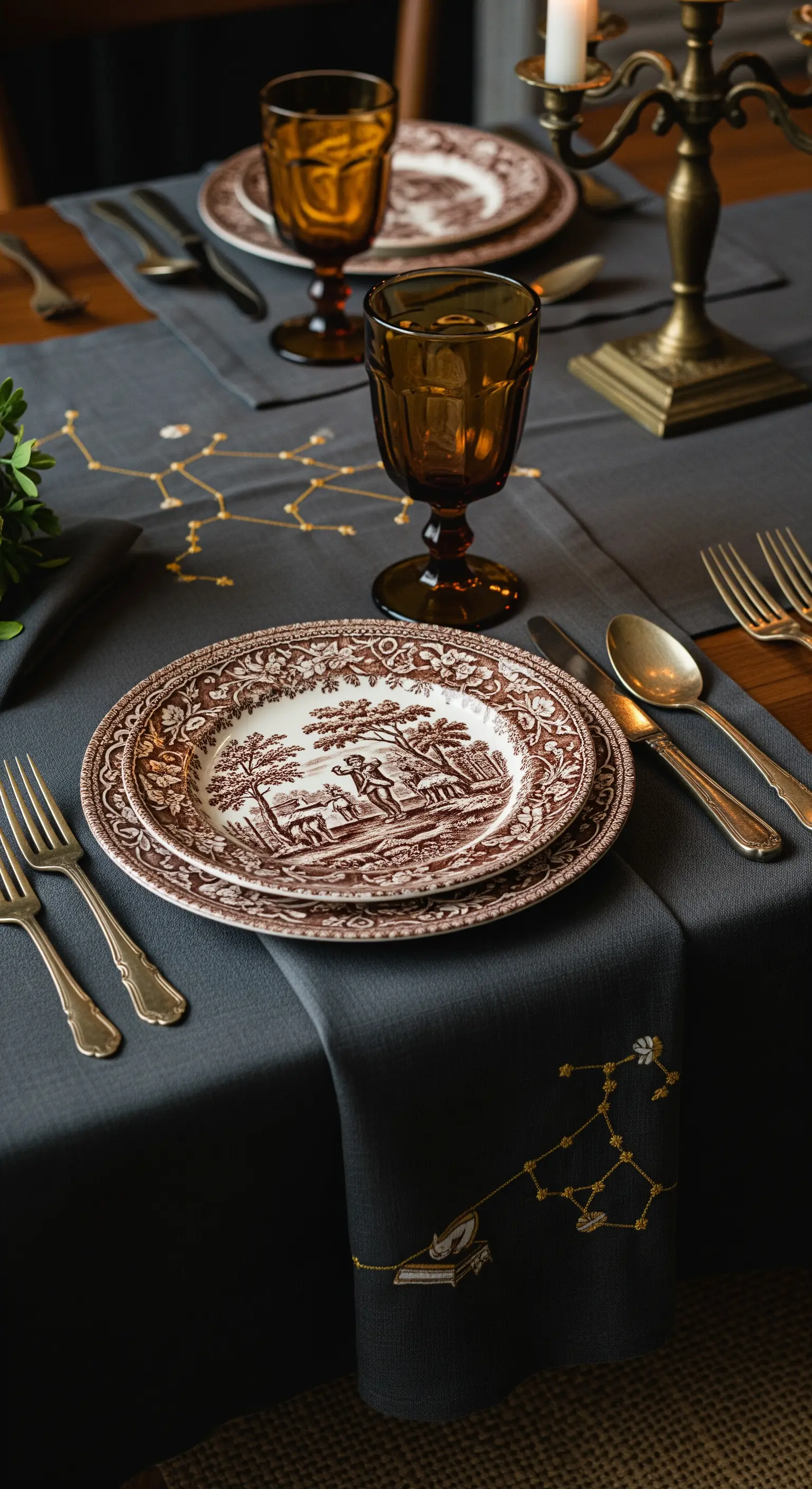 Tavola invernale con tovaglia grigia, ricami a costellazioni e piatti transferware marroni.