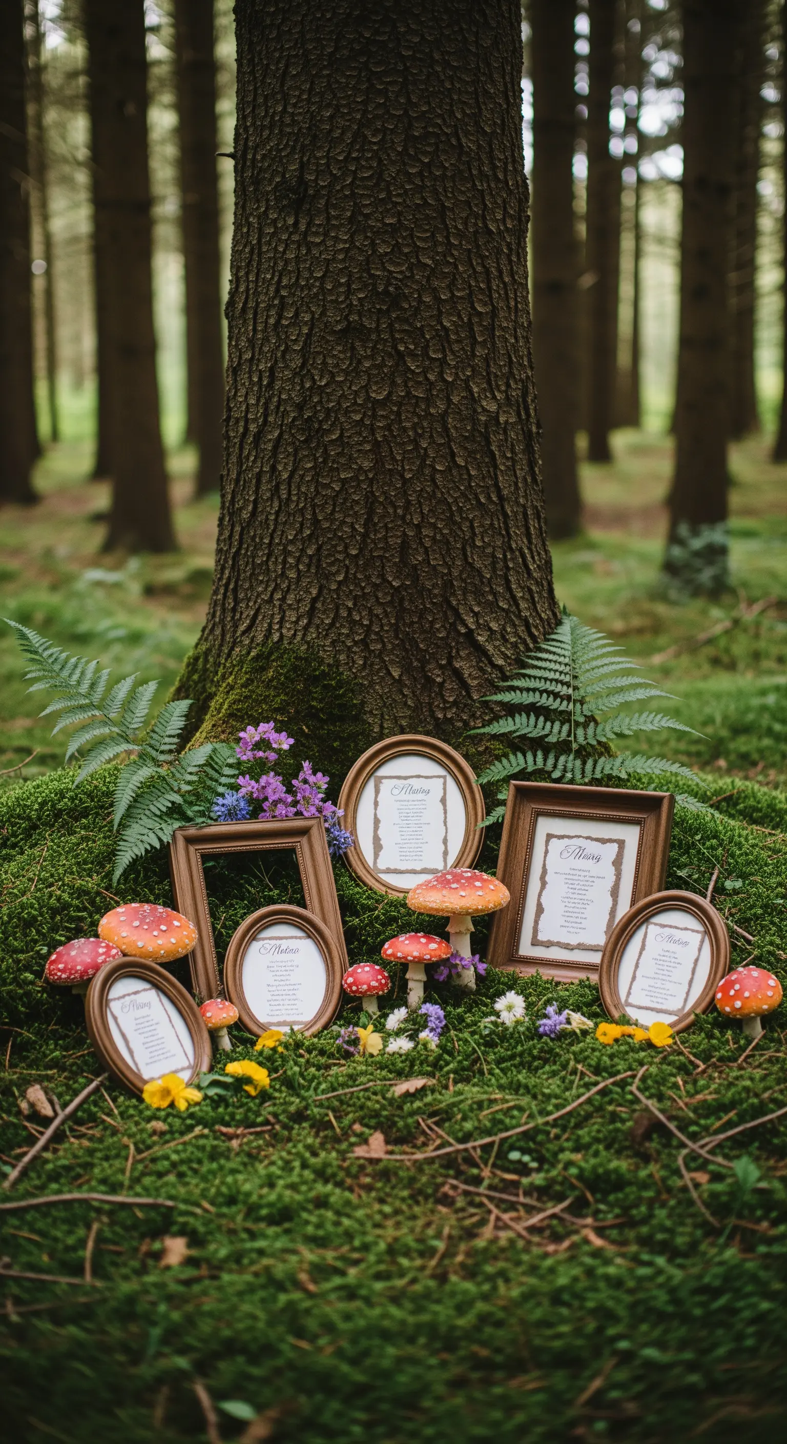 Tableau mariage nel bosco con cornici di legno appoggiate sul muschio tra funghi e fiori.