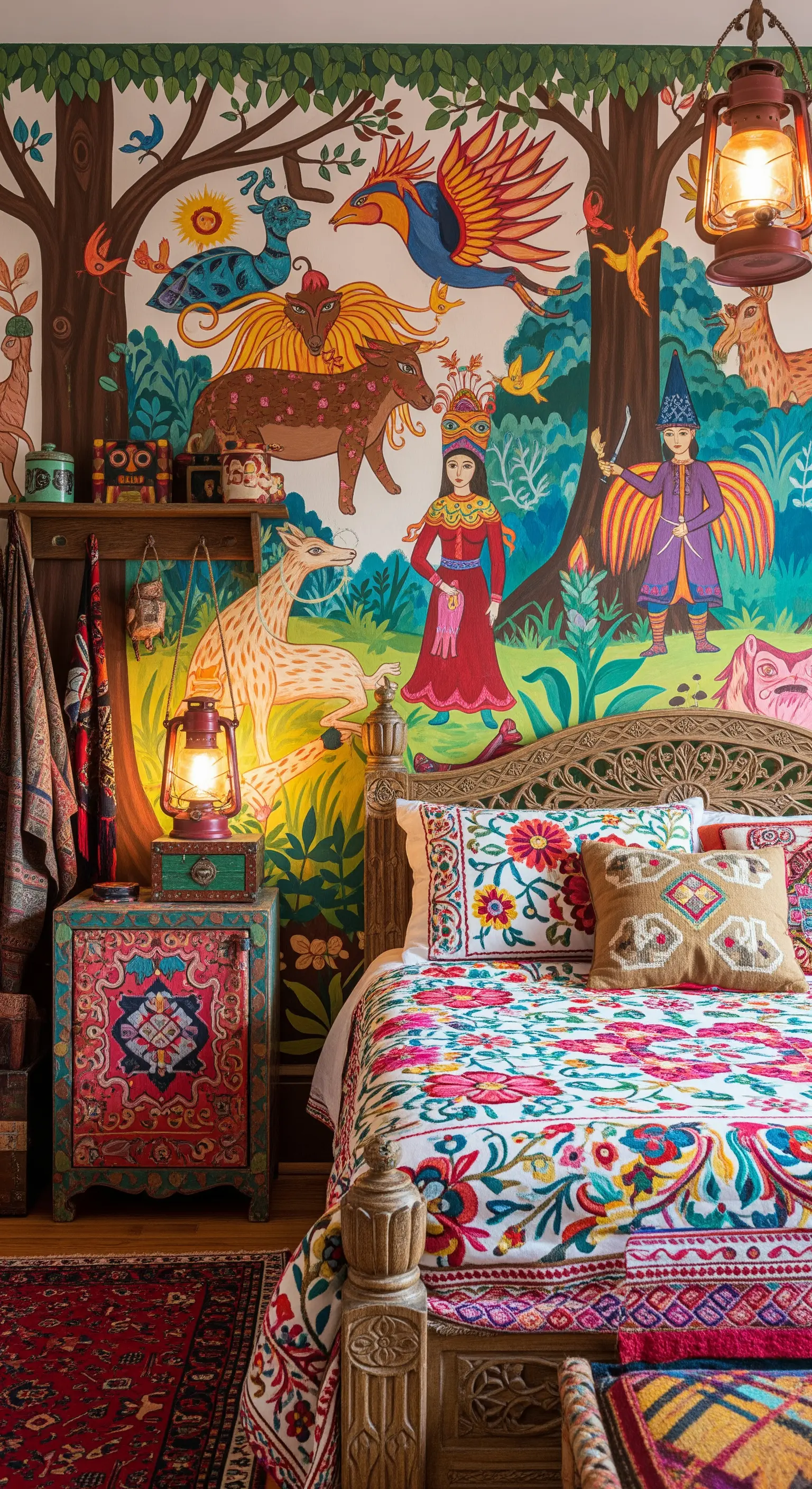 Camera da letto bohémien con un murale colorato a tema folk e tessuti etnici.