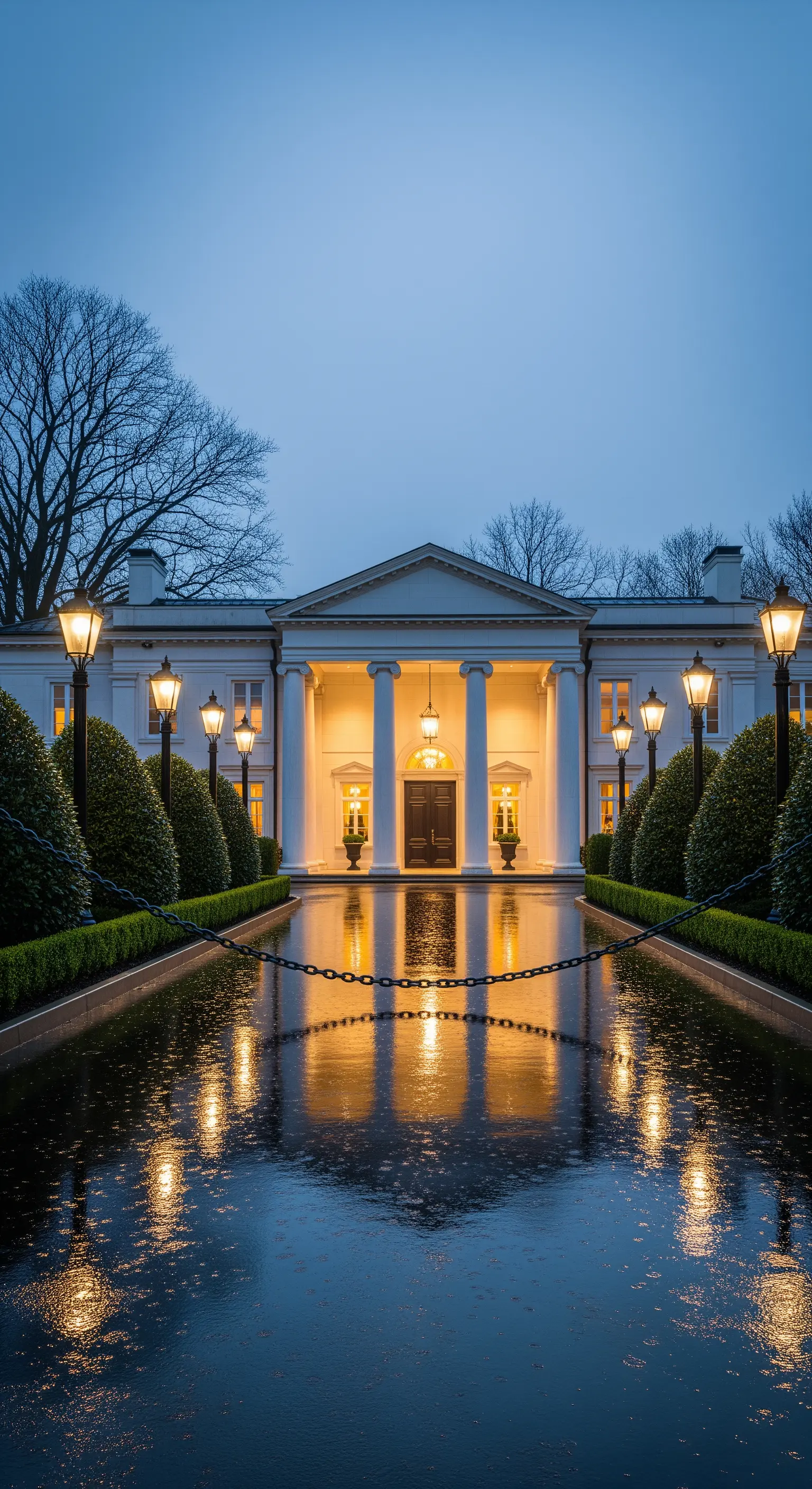 Grande villa con portico illuminato, i cui lampioni si riflettono su un viale bagnato.