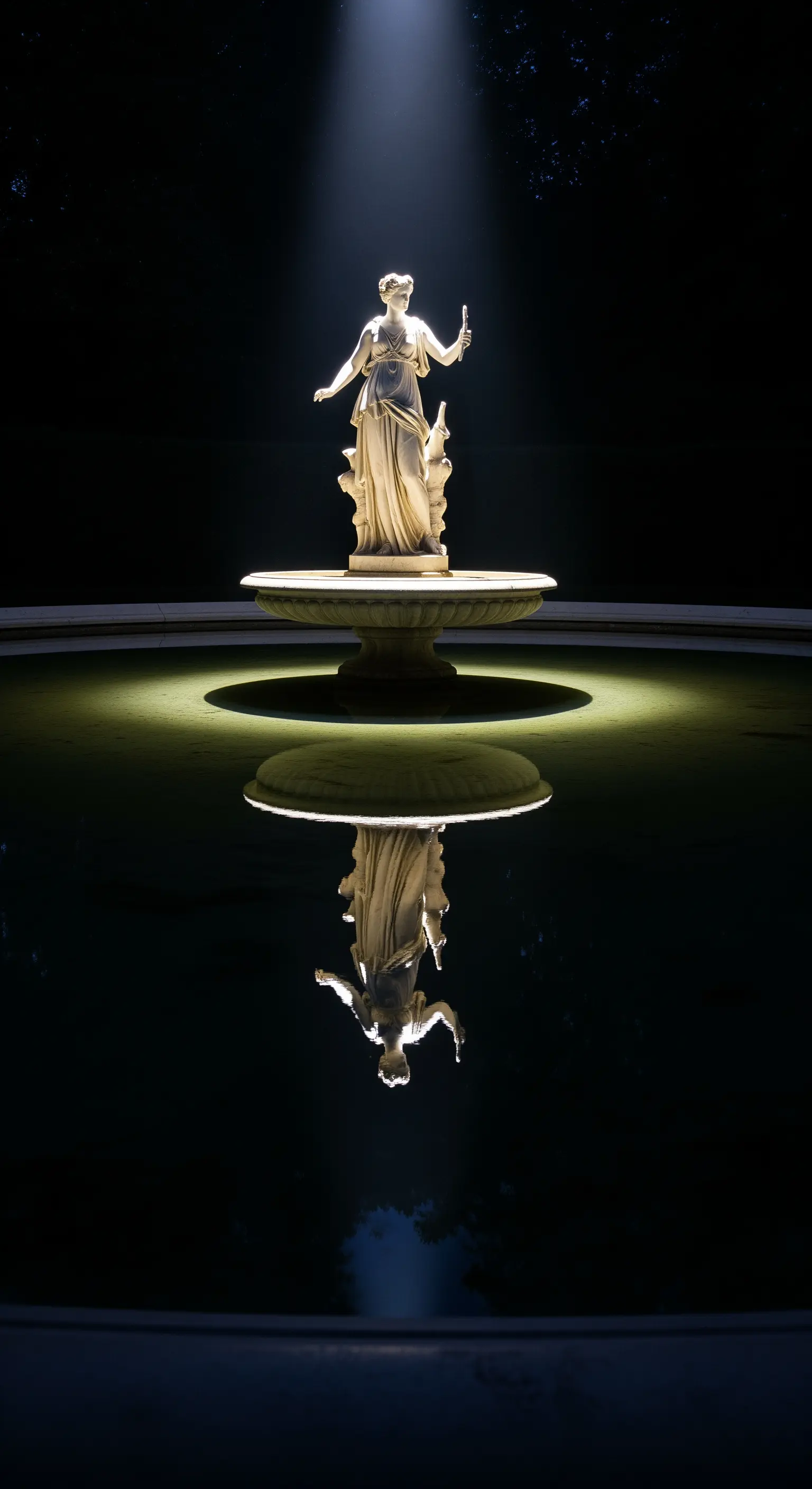 Statua classica su una vasca d'acqua scura, illuminata dall'alto e riflessa perfettamente.