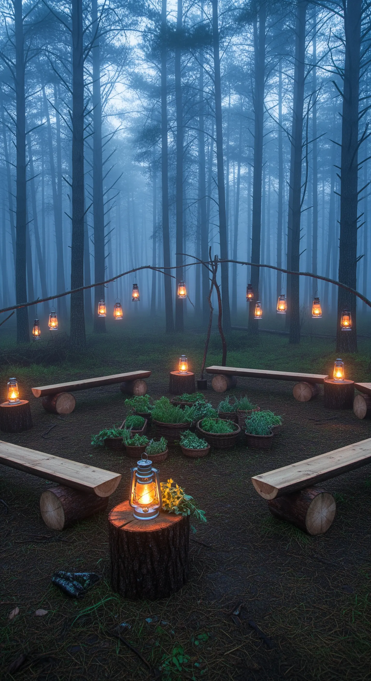 Raduno in un bosco nebbioso con panche in legno e lanterne a olio appese a un arco.