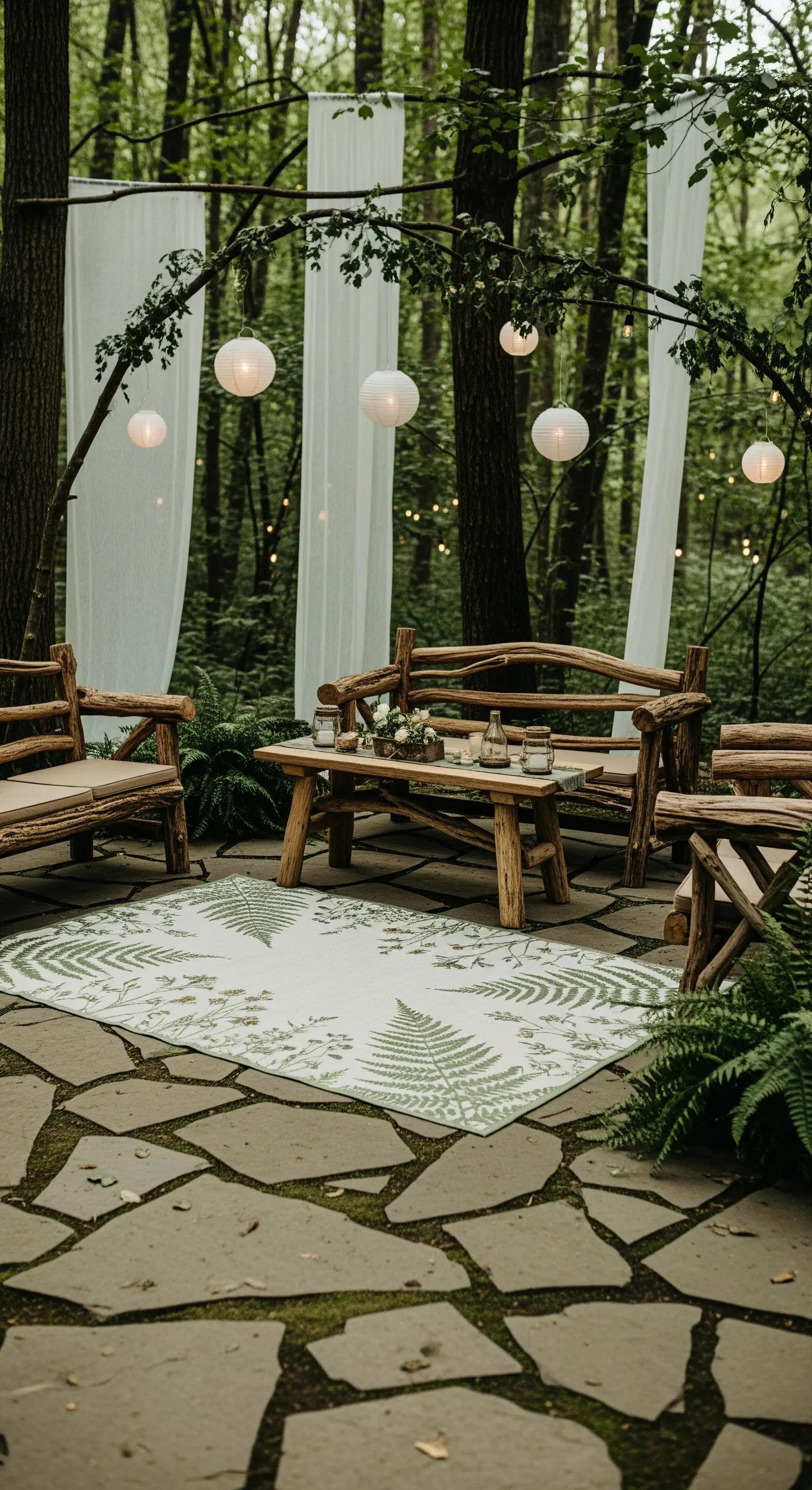 Allestimento nel bosco con arredi in legno grezzo, tende bianche e lanterne sferiche.
