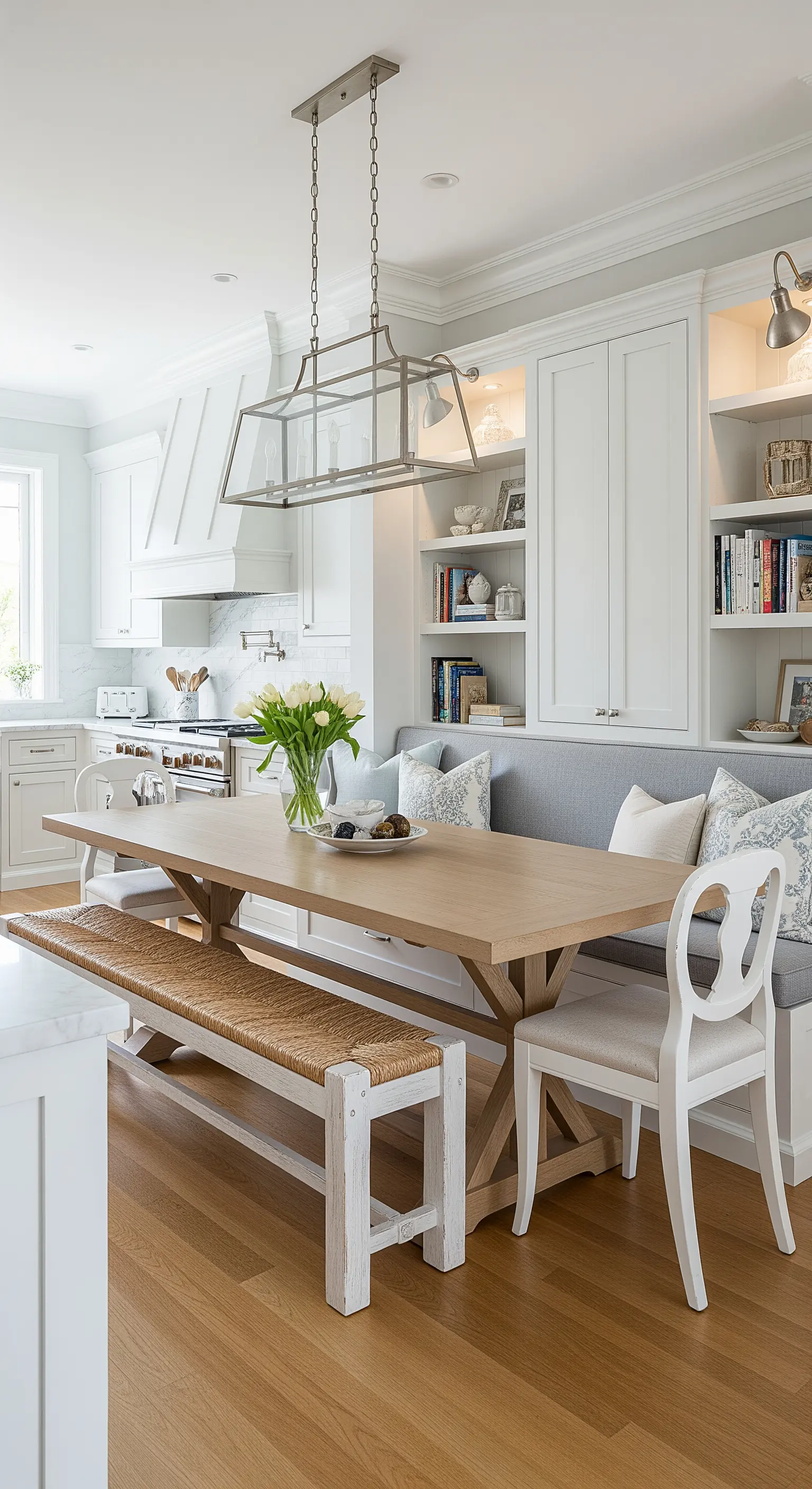 Cucina bianca ed elegante con lunga panca imbottita grigia e tavolo in legno chiaro.