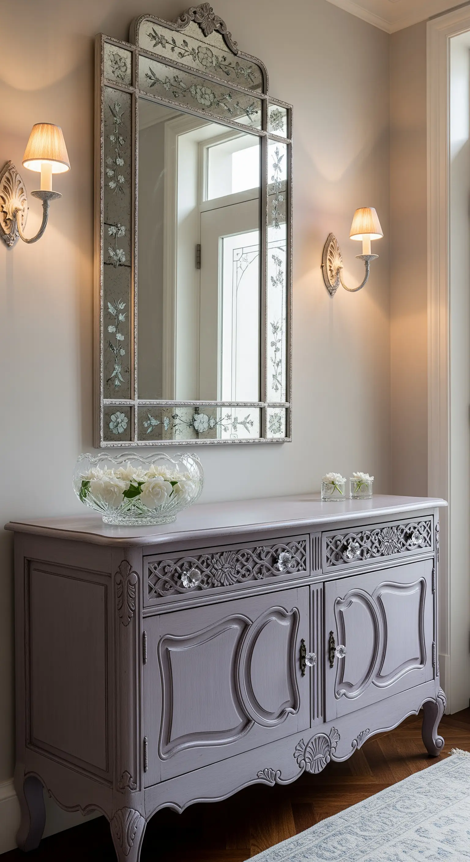 Credenza color malva con pomelli di cristallo e uno specchio veneziano inciso.
