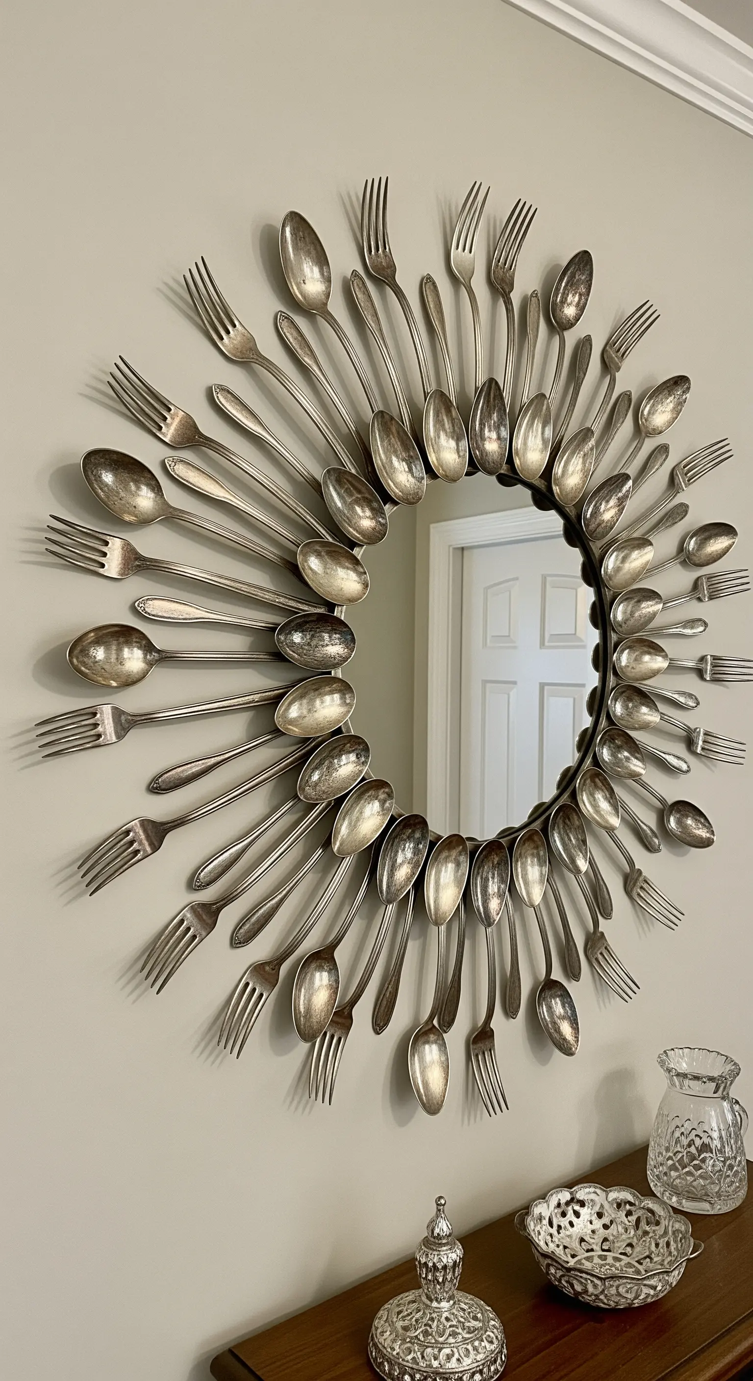 Specchio a sole realizzato con forchette e cucchiai d'argento vintage disposti a raggiera.
