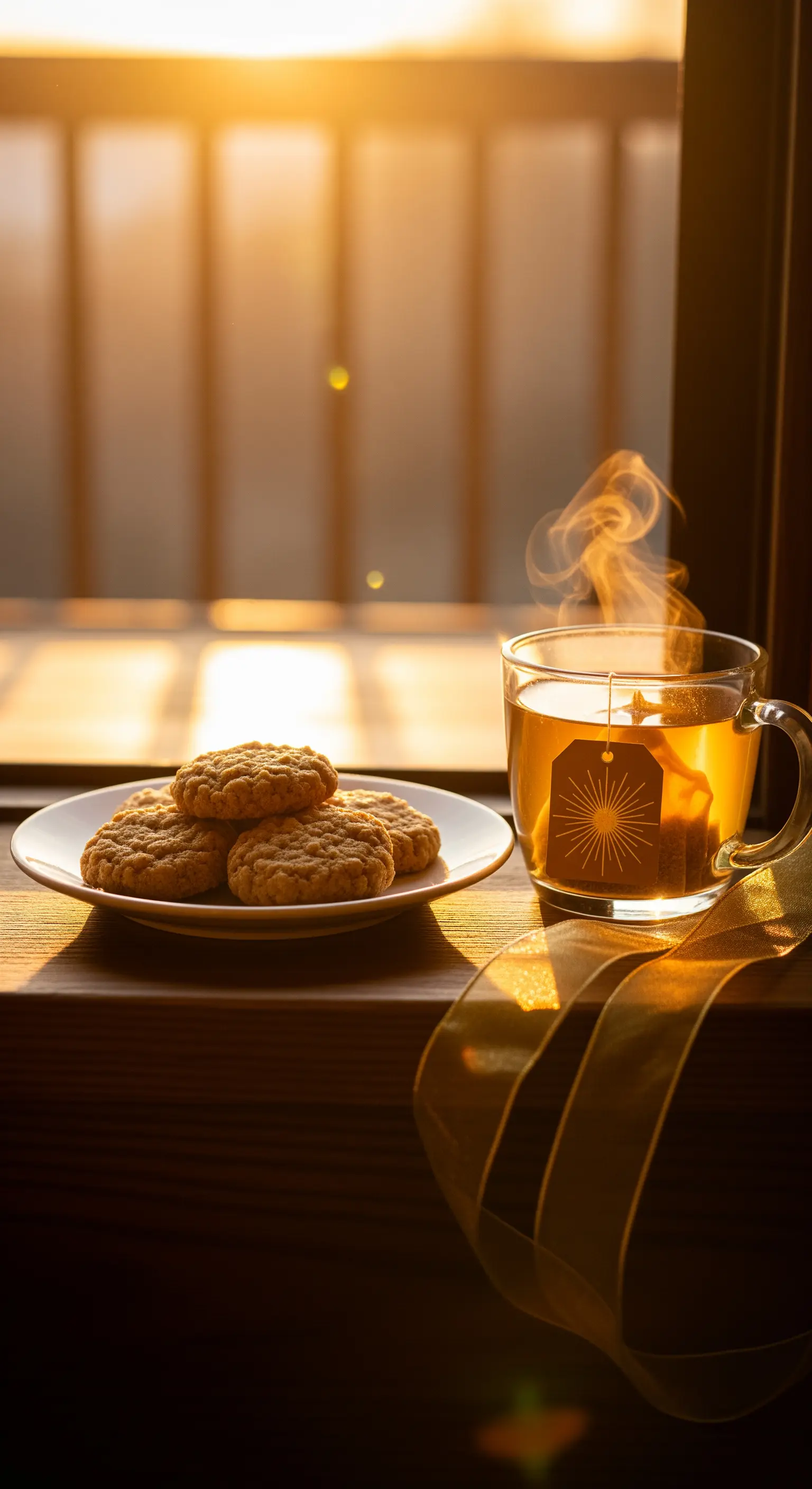 Tazza di tè e biscotti su un davanzale illuminati dalla luce calda del tramonto.