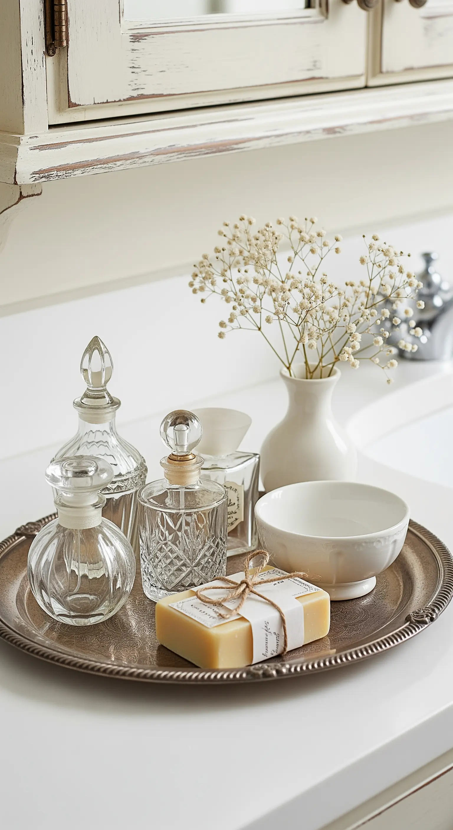 Vassoio d'argento vintage con boccette di profumo in vetro e saponetta artigianale.