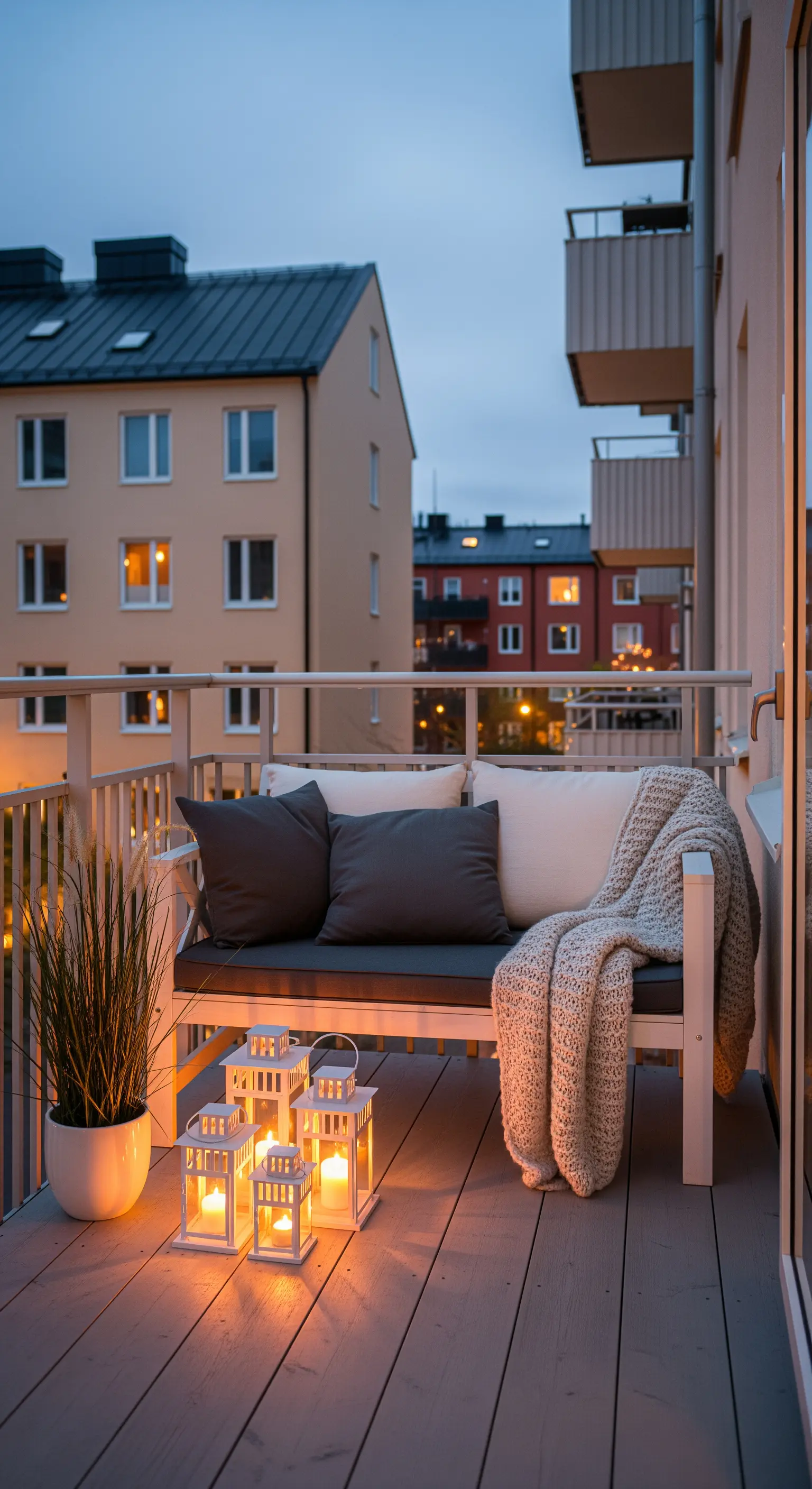Balcone al crepuscolo con panca bianca, plaid e un gruppo di lanterne a candela accese.