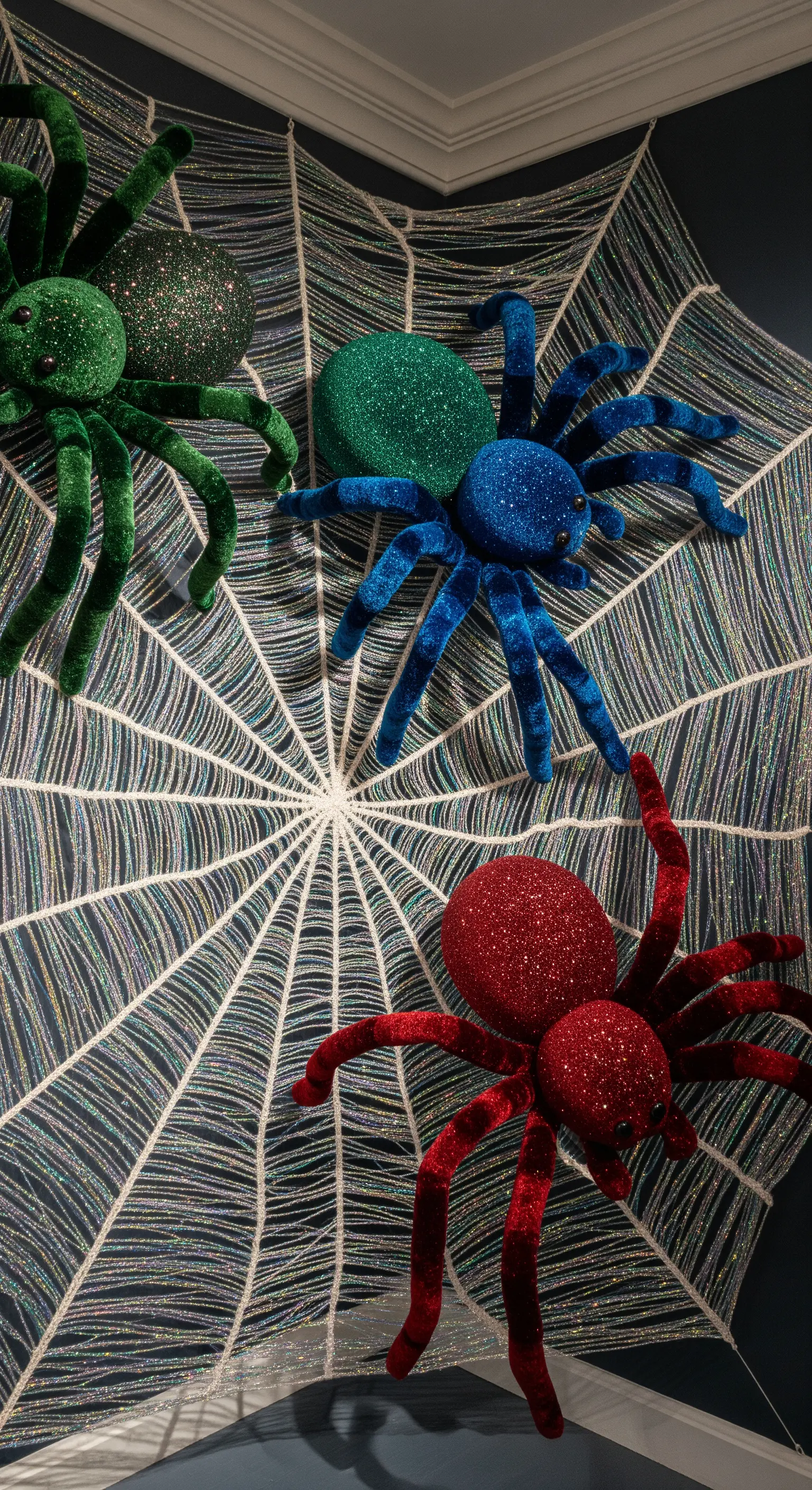 Ragni colorati e glitterati su una grande ragnatela decorativa appesa a una parete.
