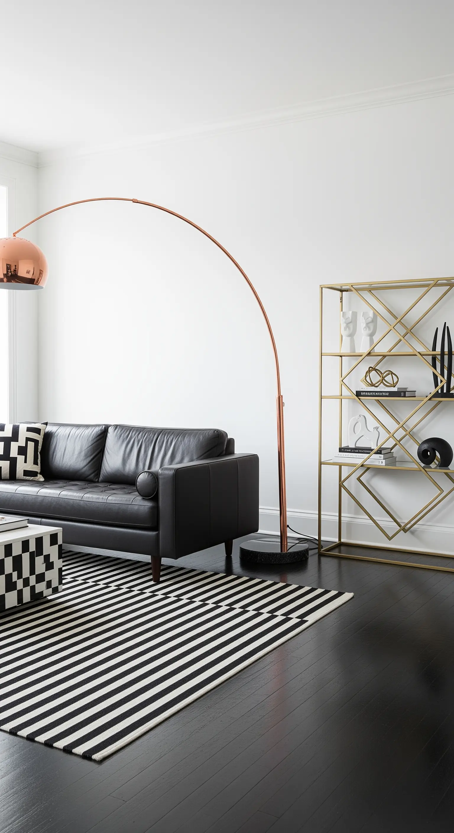 Salotto in bianco e nero con lampada ad arco in rame e libreria dorata.