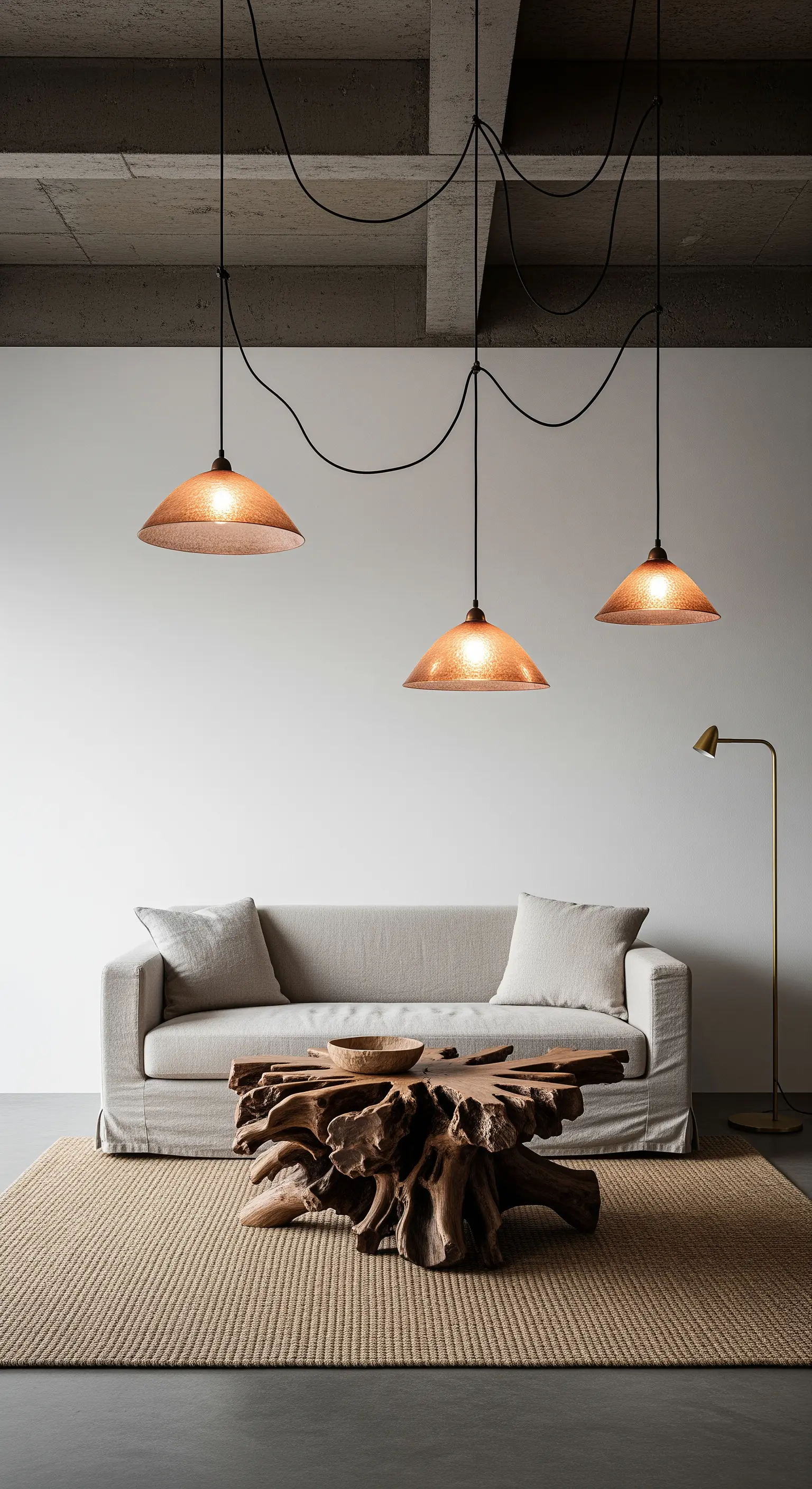 Salotto minimalista con lampade a sospensione in rame martellato e tavolino in legno grezzo.