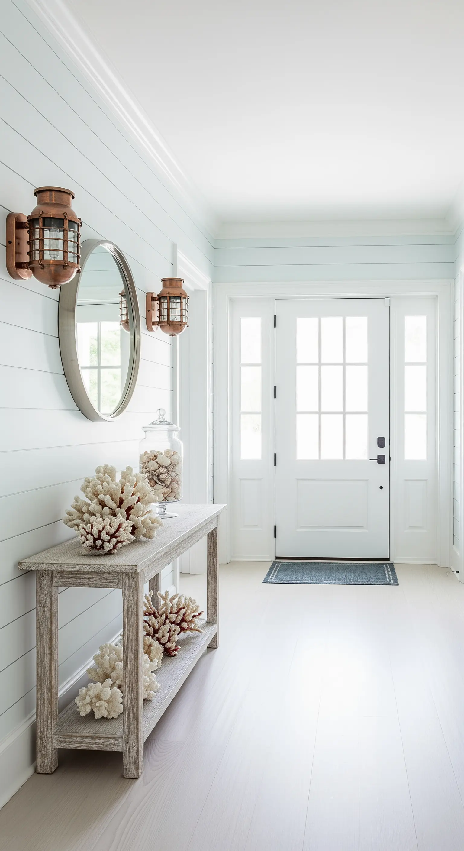 Ingresso in stile costiero con lampade da parete in rame e consolle in legno sbiancato.