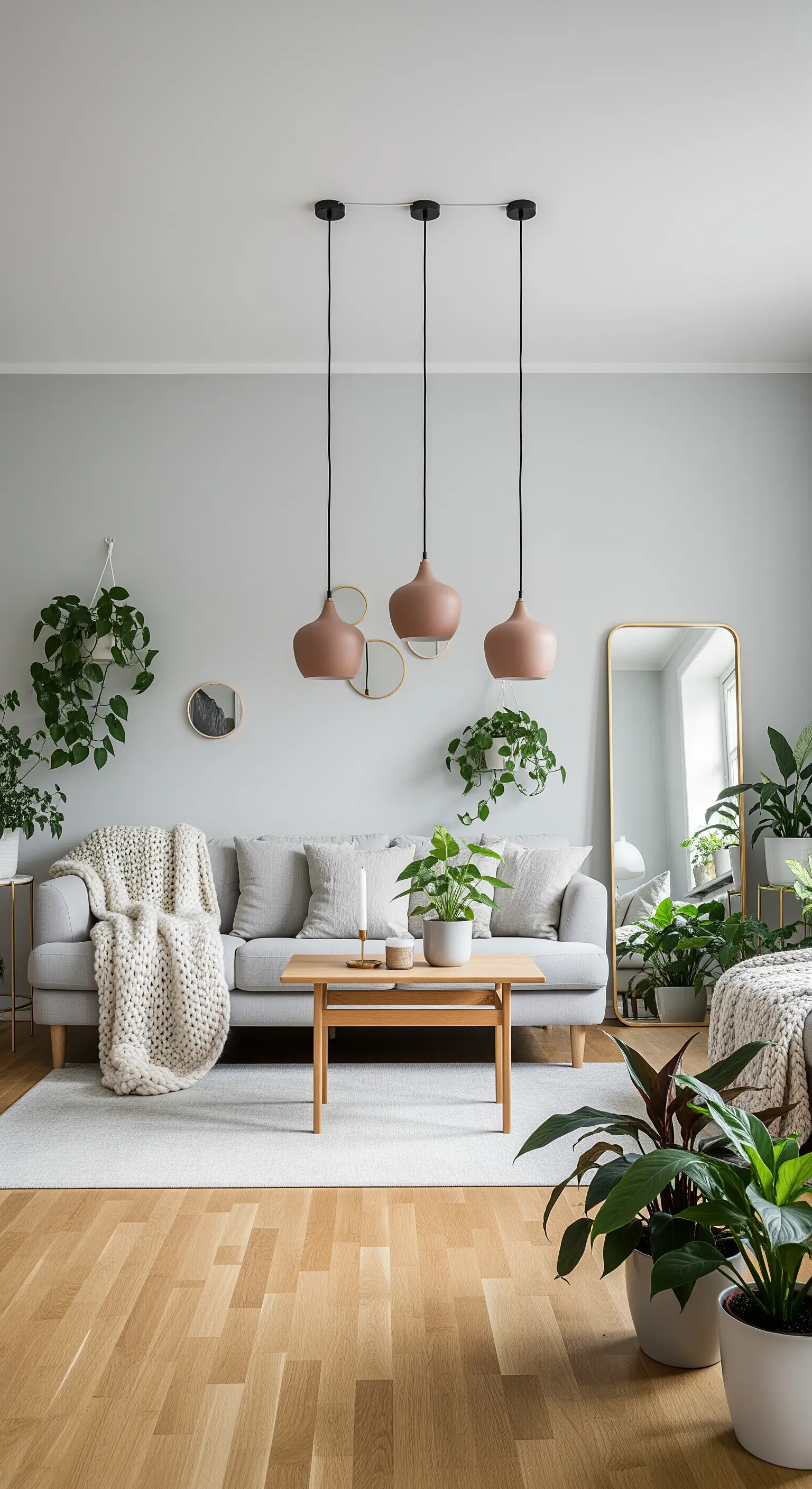 Salotto luminoso con lampade a sospensione in rame rosato e molte piante.
