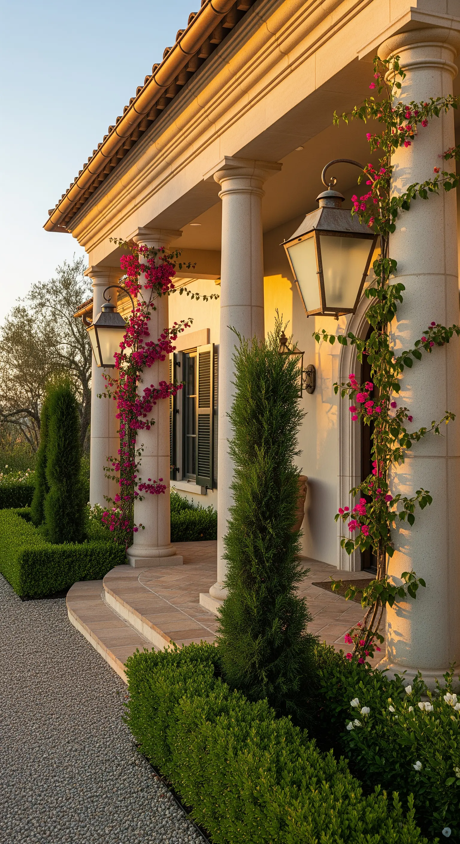Portico in stile mediterraneo con colonne in pietra e bouganville rosa rampicante.