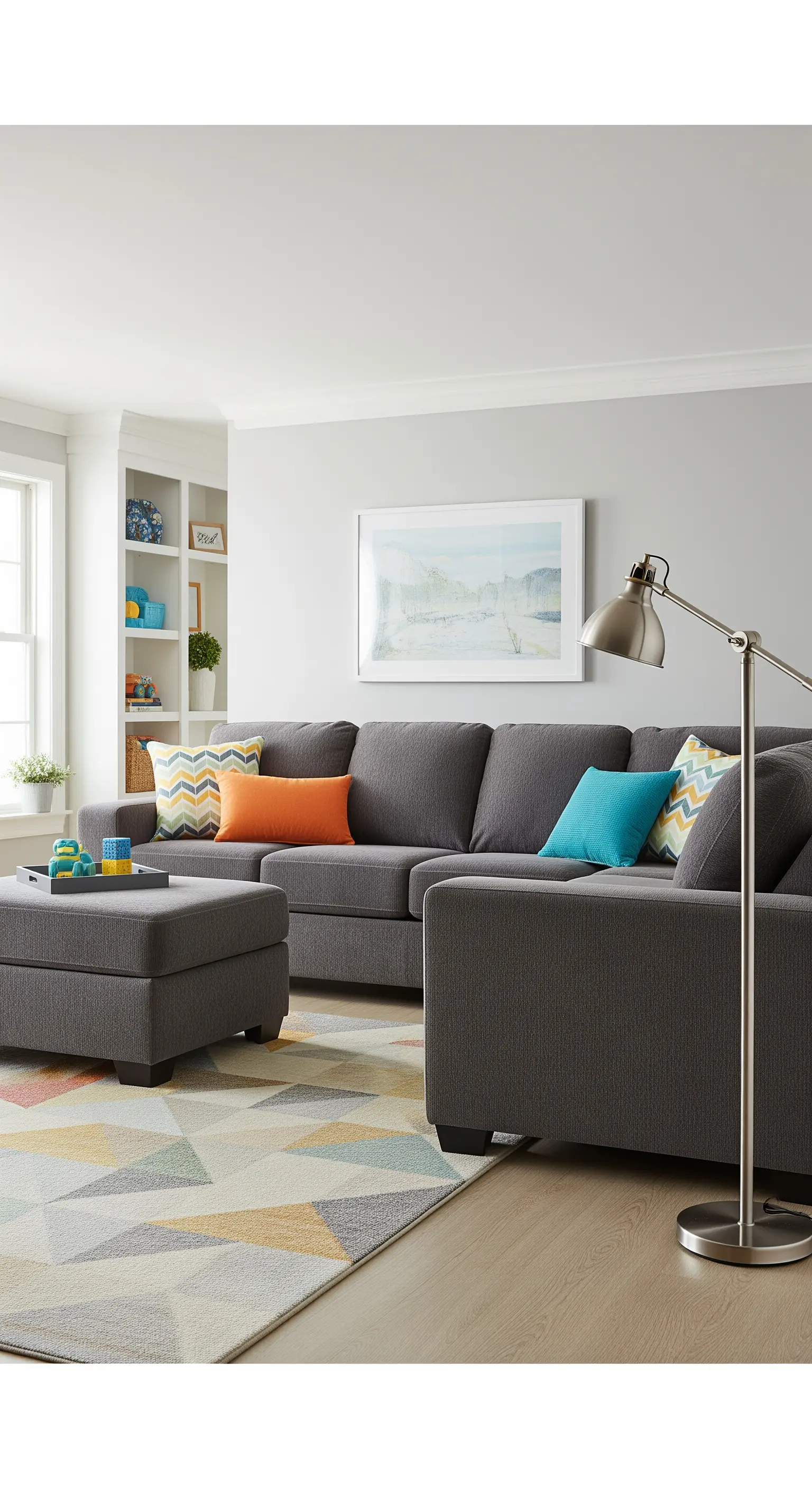 Soggiorno familiare con divano a L grigio, cuscini colorati e tappeto geometrico pastello.