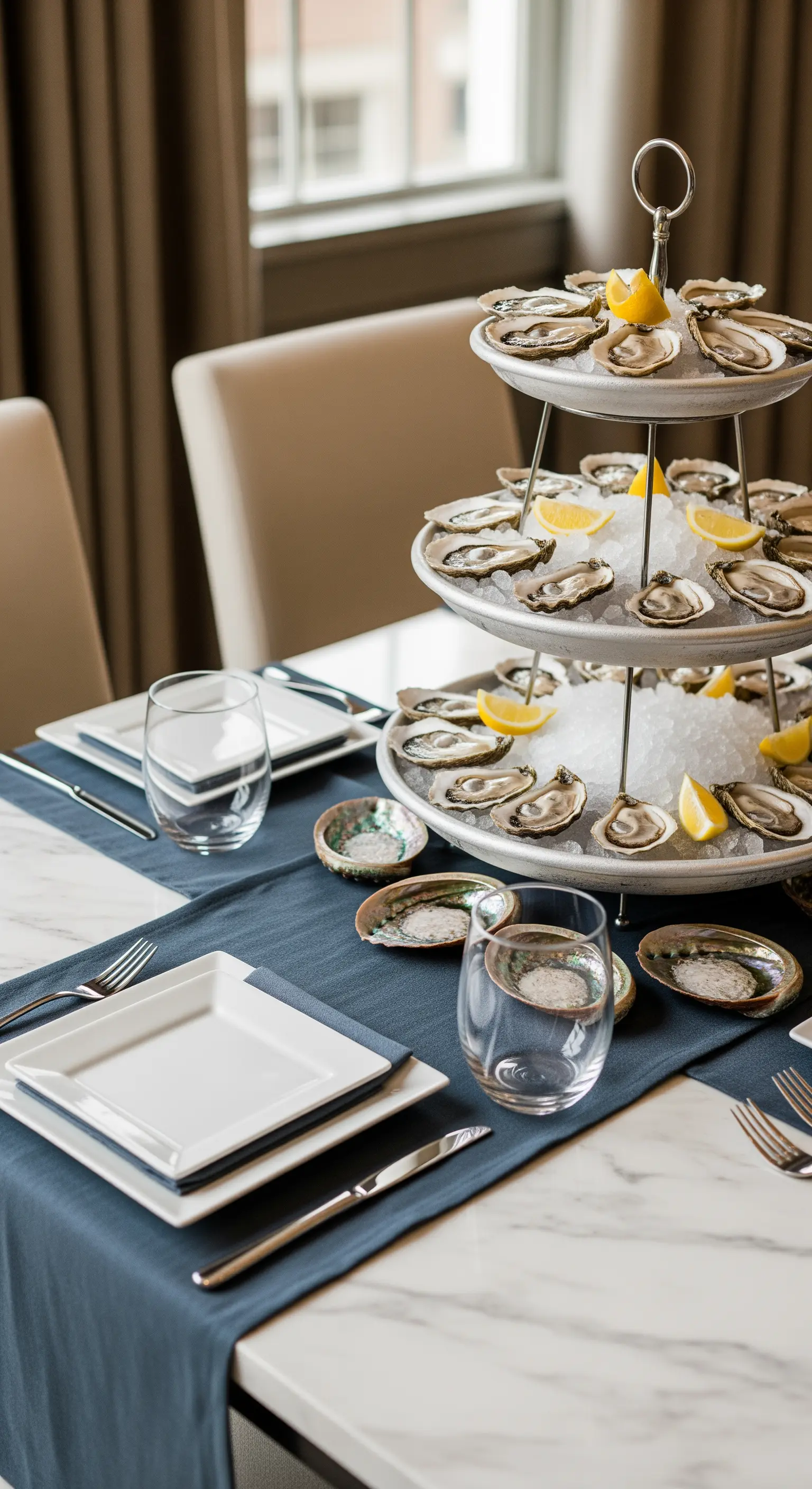 Tavola moderna con alzata a piani piena di ostriche su ghiaccio.