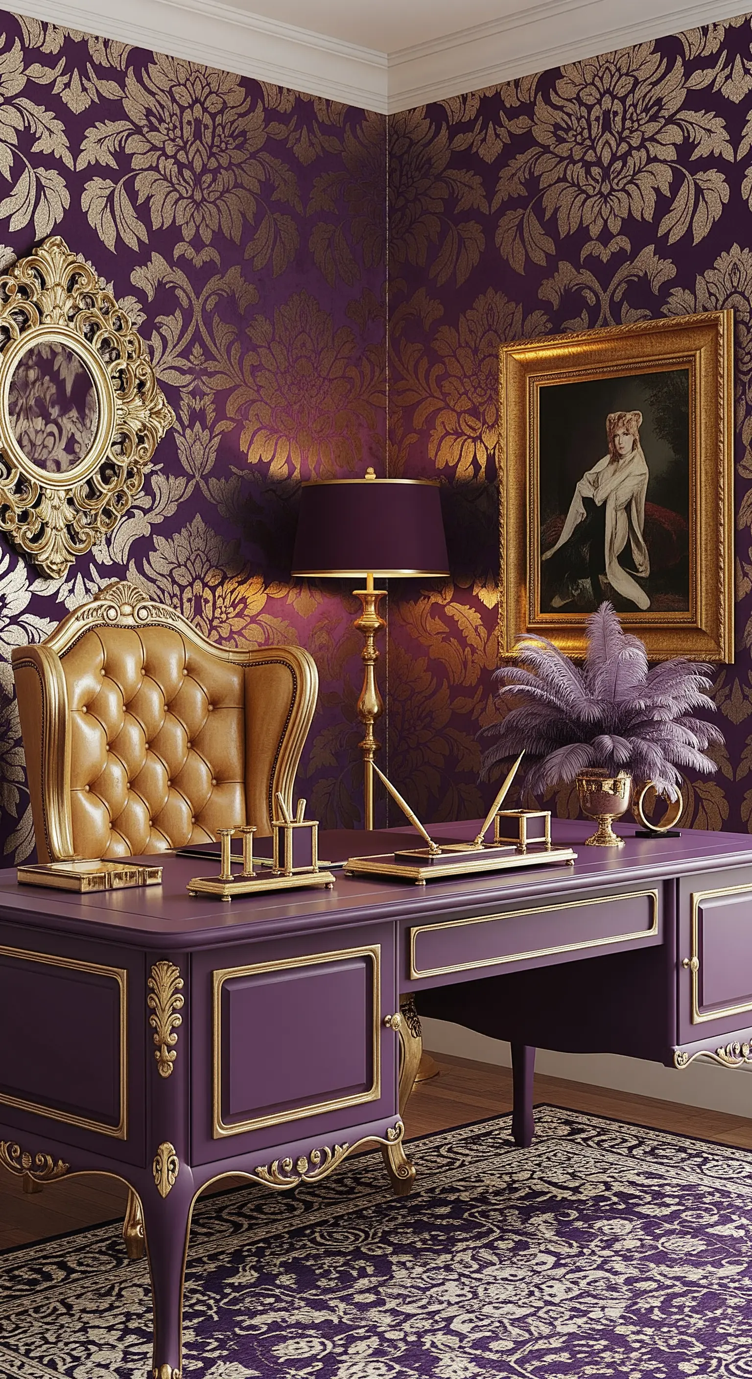 Scrivania barocca viola e oro con poltrona capitonné in un angolo con carta da parati damascata.
