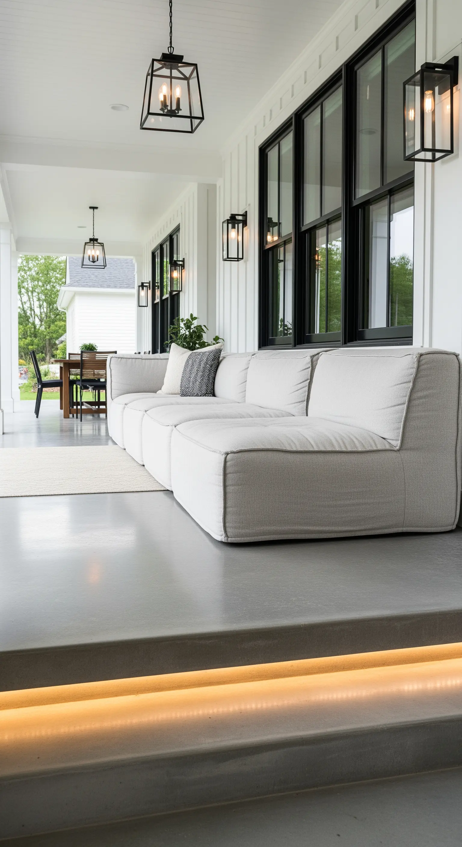 Portico farmhouse moderno con divano chiaro, infissi neri e un gradino illuminato con LED
