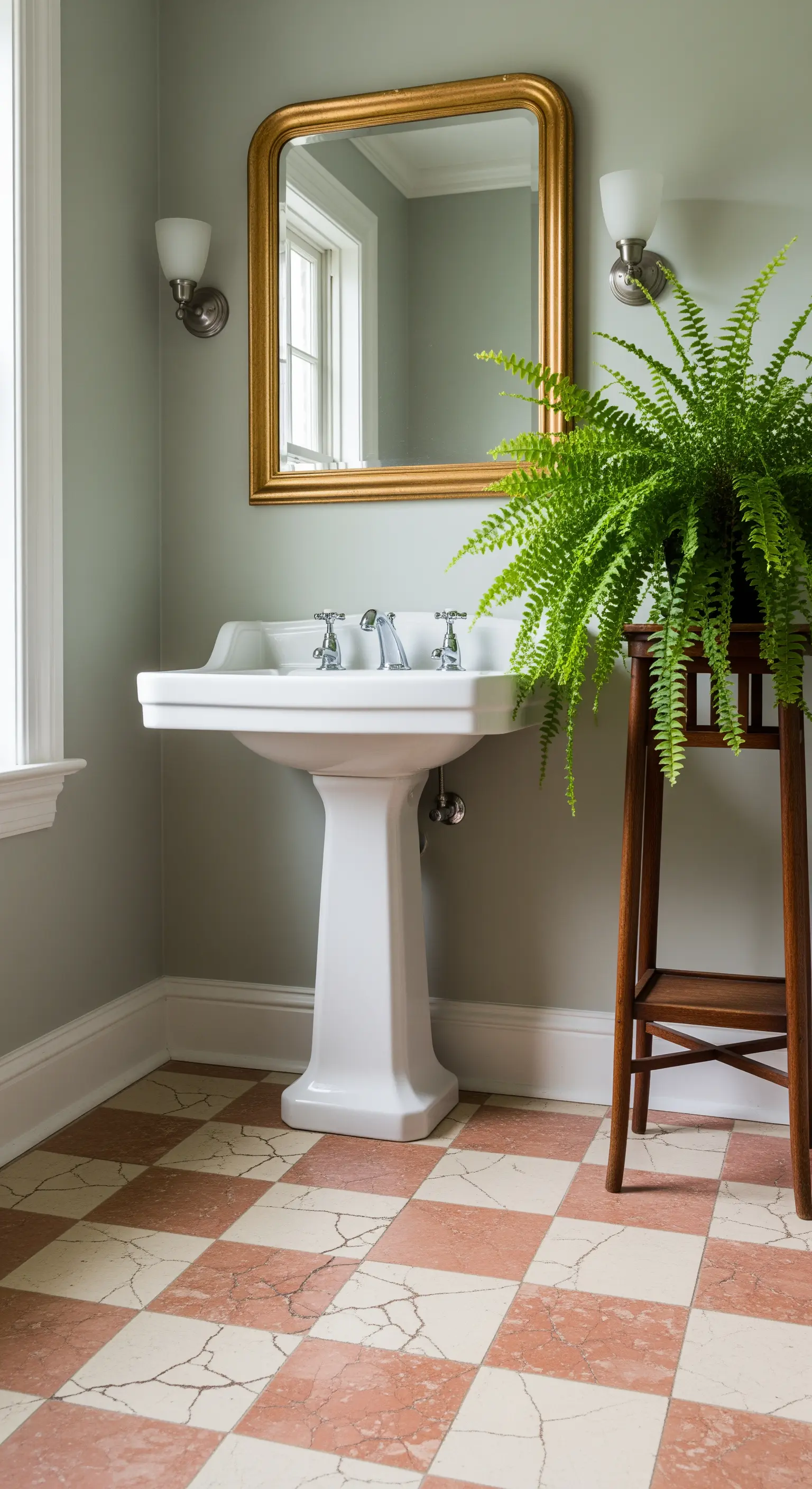Bagno con pavimento a scacchi bianchi e terracotta, lavabo a colonna e specchio dorato.