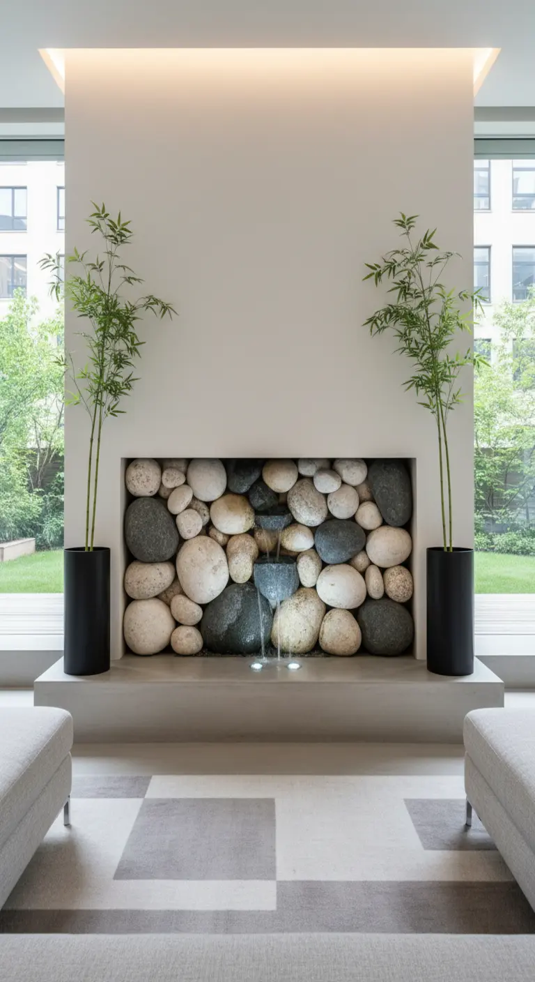 Camino moderno riempito con pietre di fiume arrotondate e una fontana centrale.