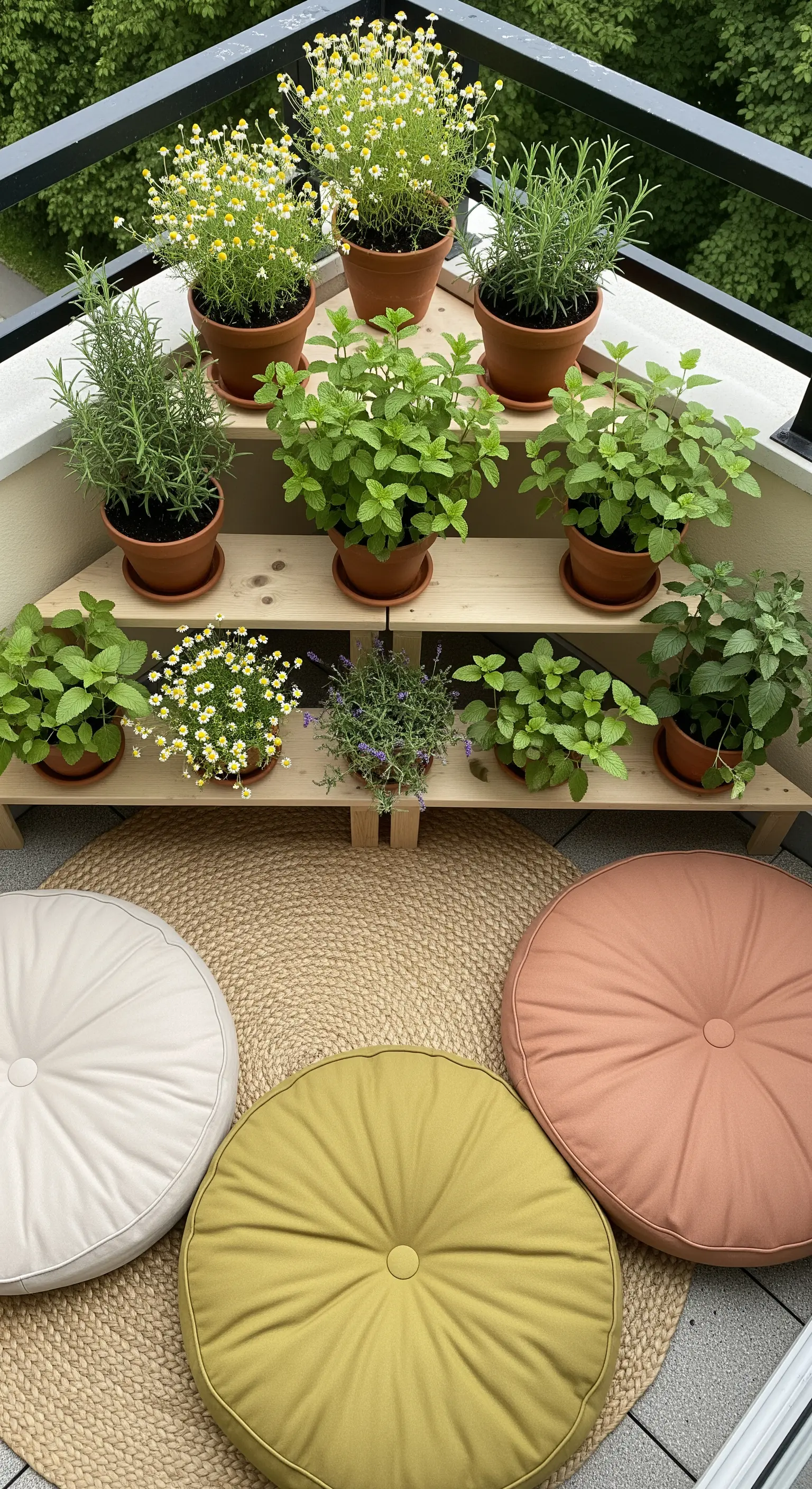 Struttura angolare in legno a gradoni con piante aromatiche e cuscini da terra.