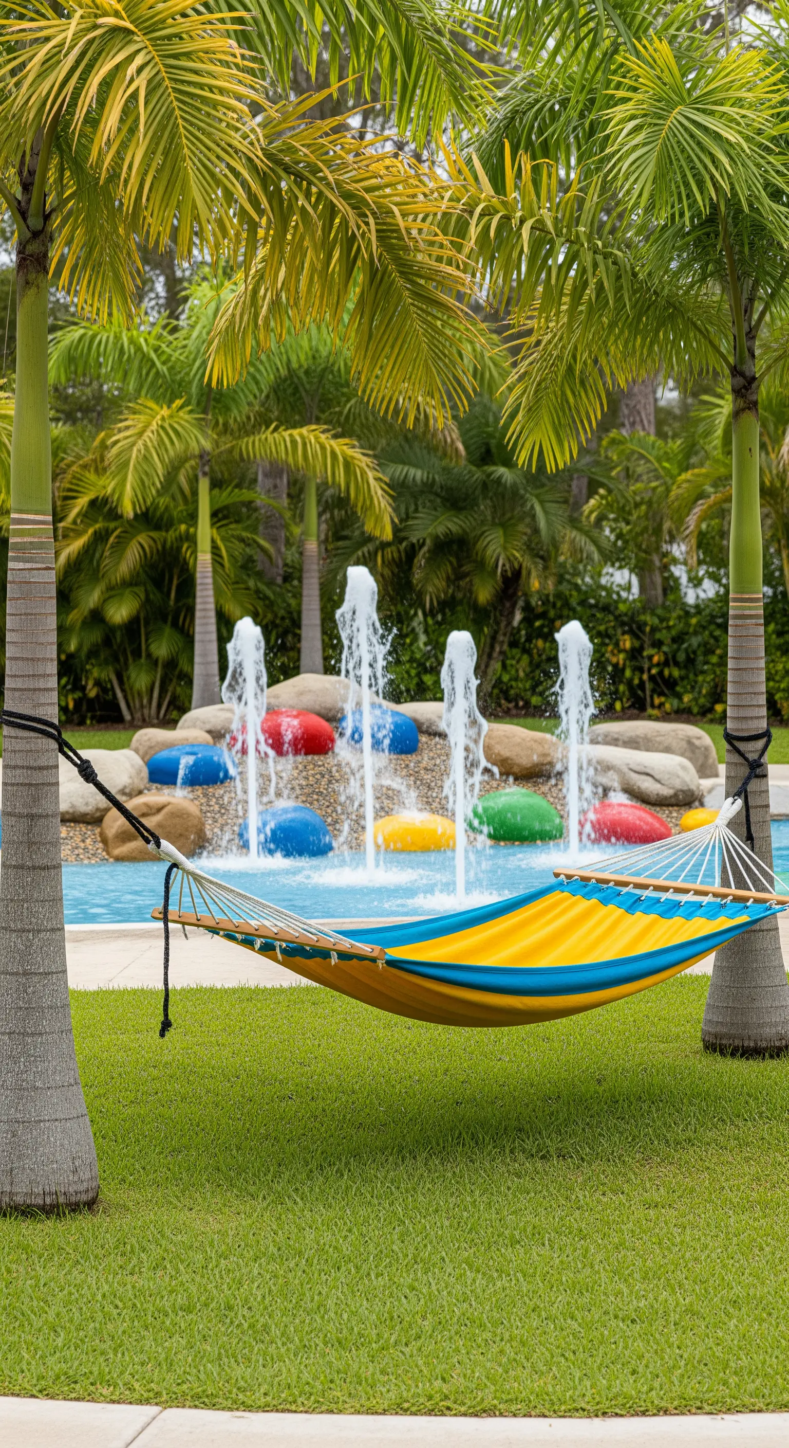 Amaca colorata tra due palme di fronte a una piscina per bambini con giochi d'acqua.