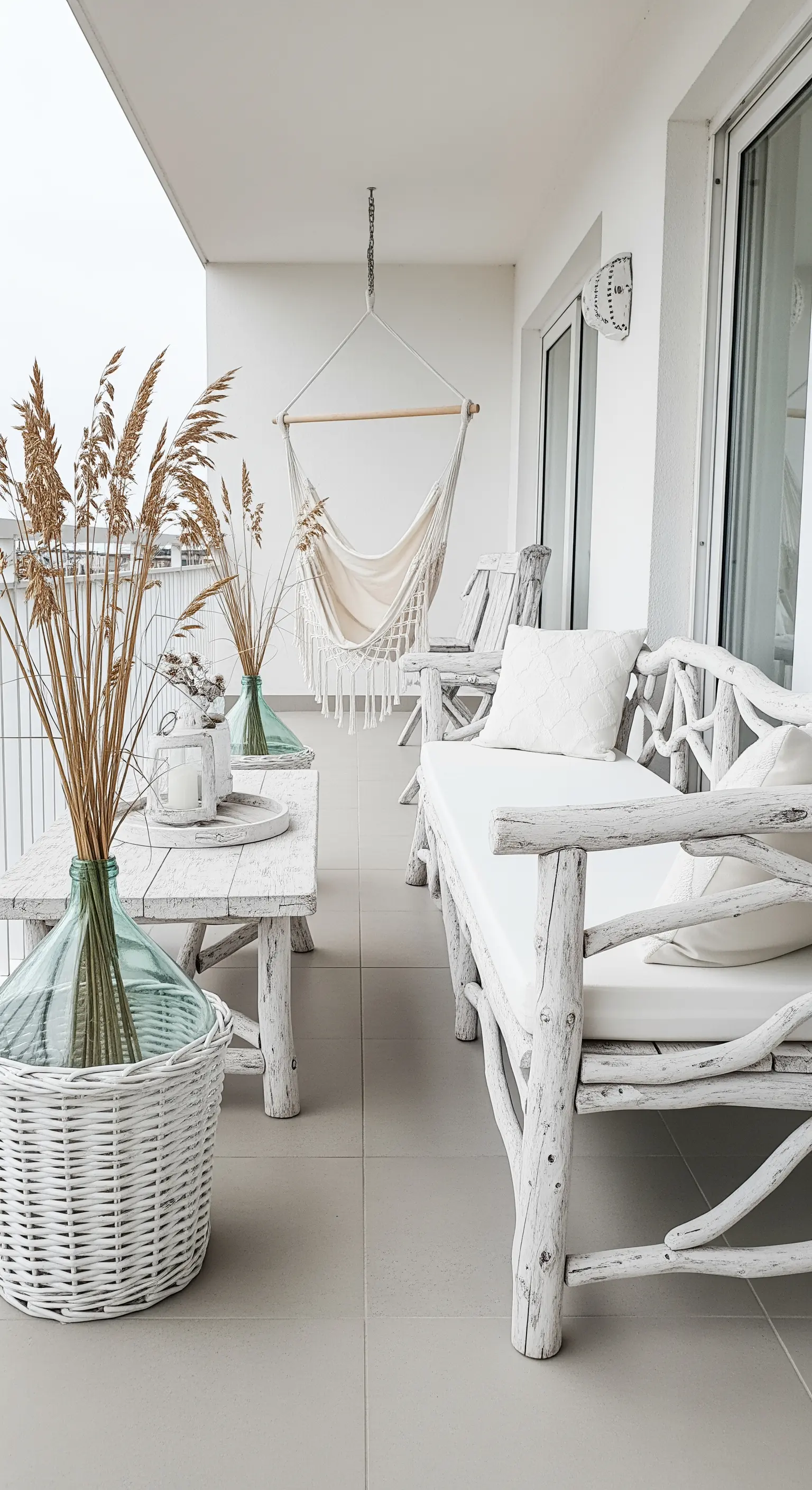 Balcone con panca in legno sbiancato, amaca sospesa e damigiane di vetro con erbe secche.