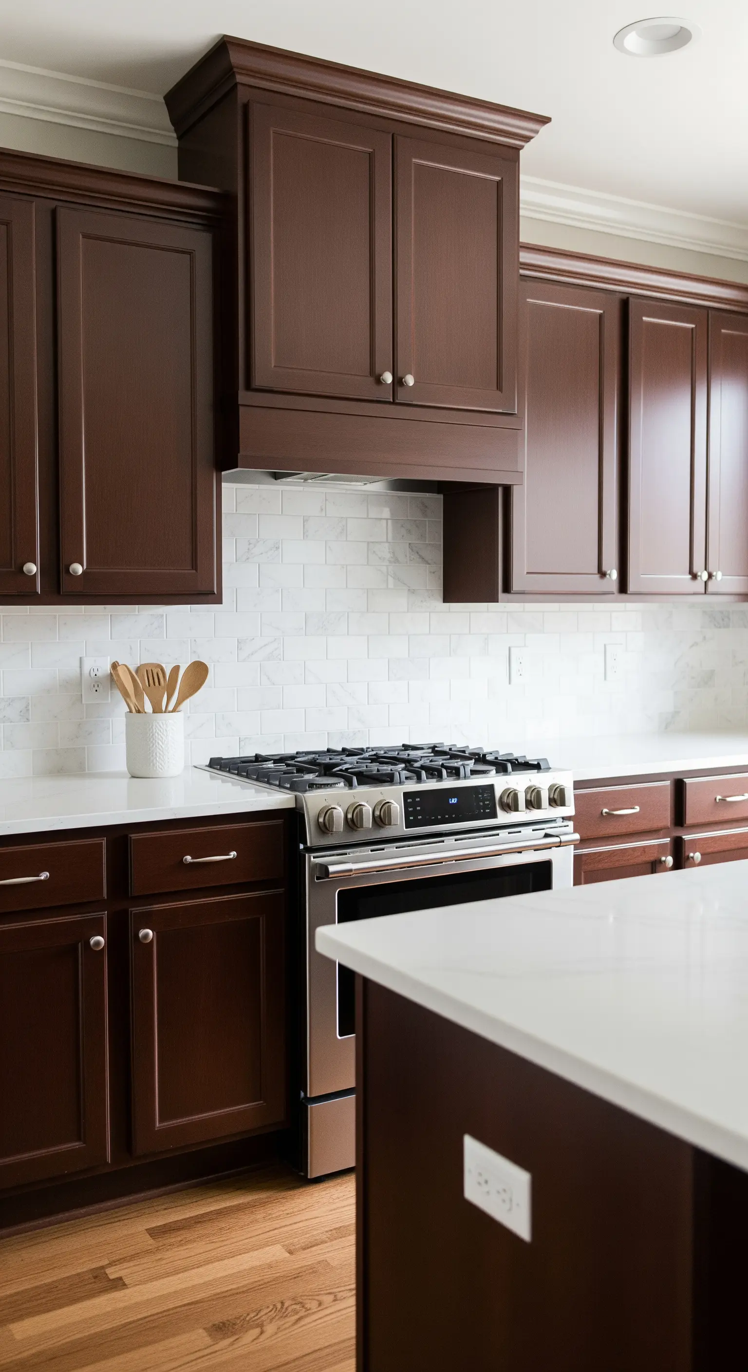 Cucina classica con mobili in legno mogano, top bianco e paraschizzi in marmo.