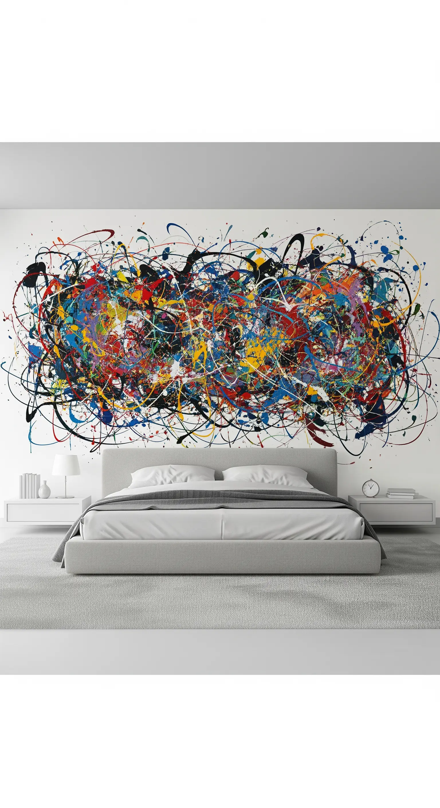 Murale astratto con schizzi di vernice multicolore che copre l'intera parete dietro un letto grigio.