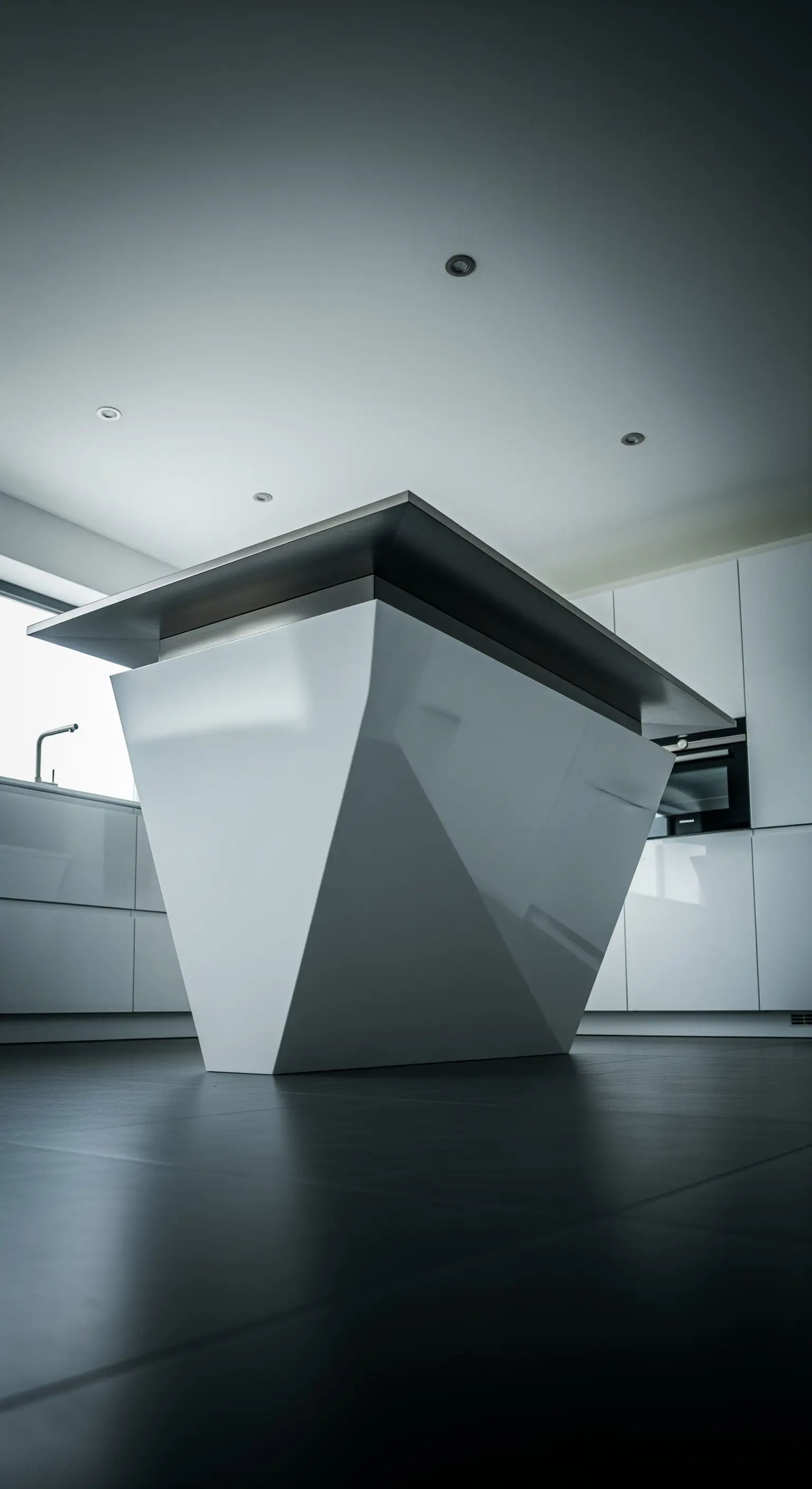 Isola da cucina bianca con una base geometrica e sfaccettata, simile a una scultura.