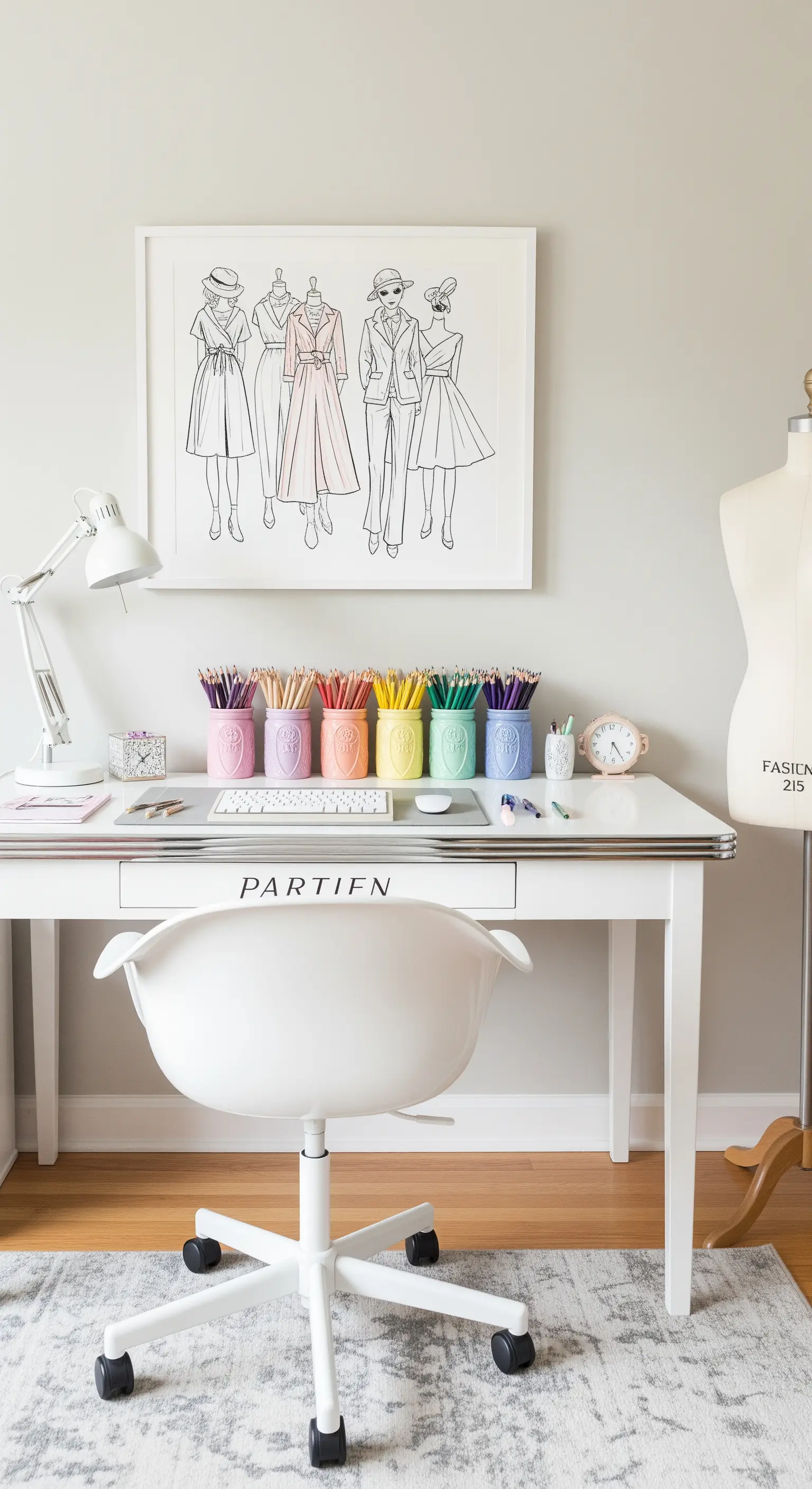 Scrivania bianca con matite colorate organizzate in barattoli per creare un effetto arcobaleno.