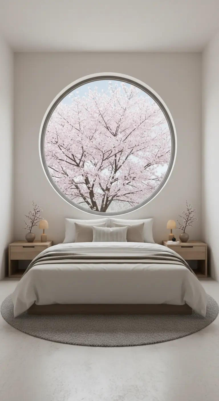 Camera da letto minimalista con una grande finestra rotonda che incornicia un albero in fiore.