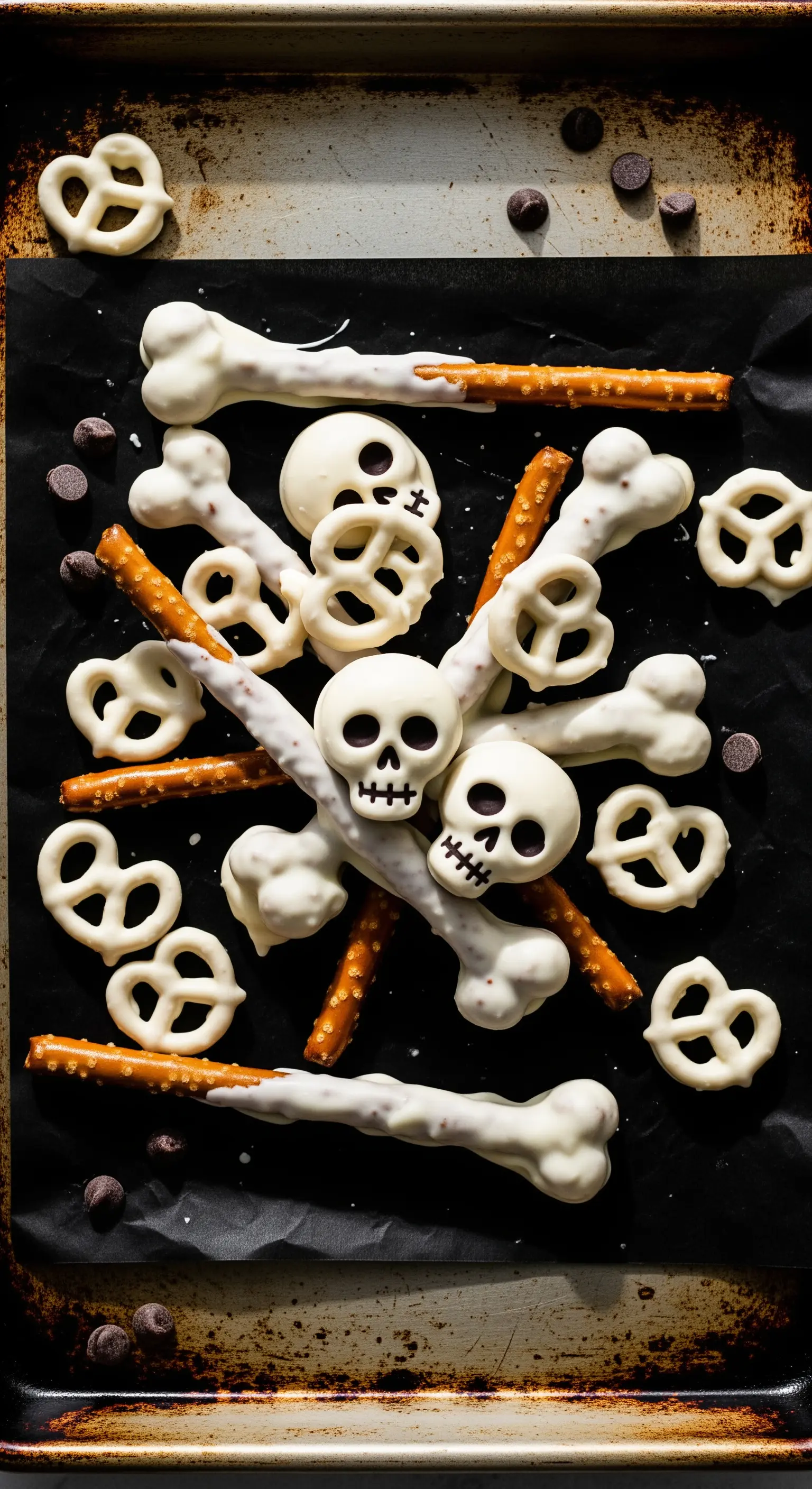 Pretzel e dolcetti a forma di ossa e teschi ricoperti di cioccolato bianco.