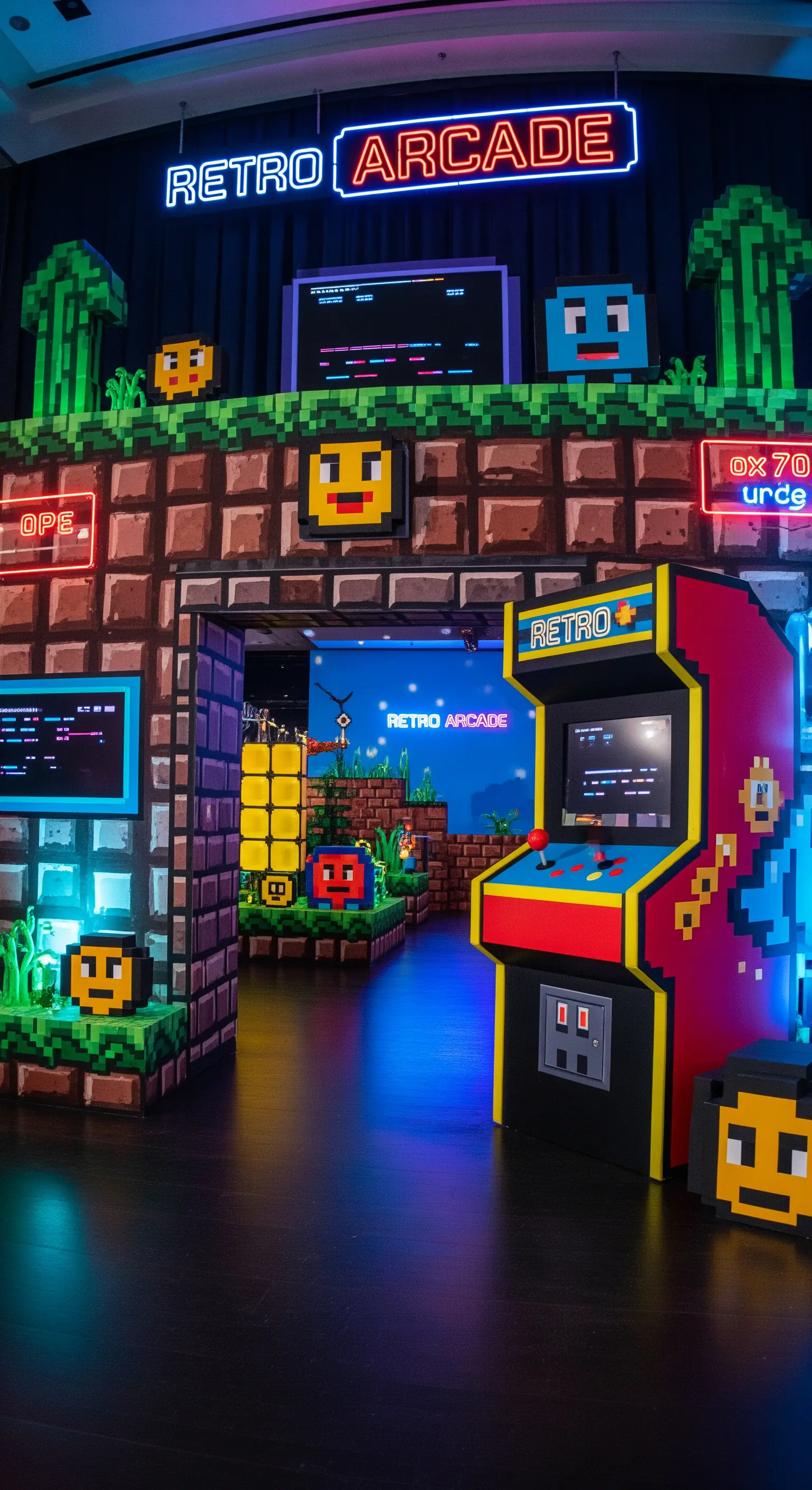 Ingresso di una festa a tema retro arcade, con cabinato, decorazioni pixelate e luci al neon.