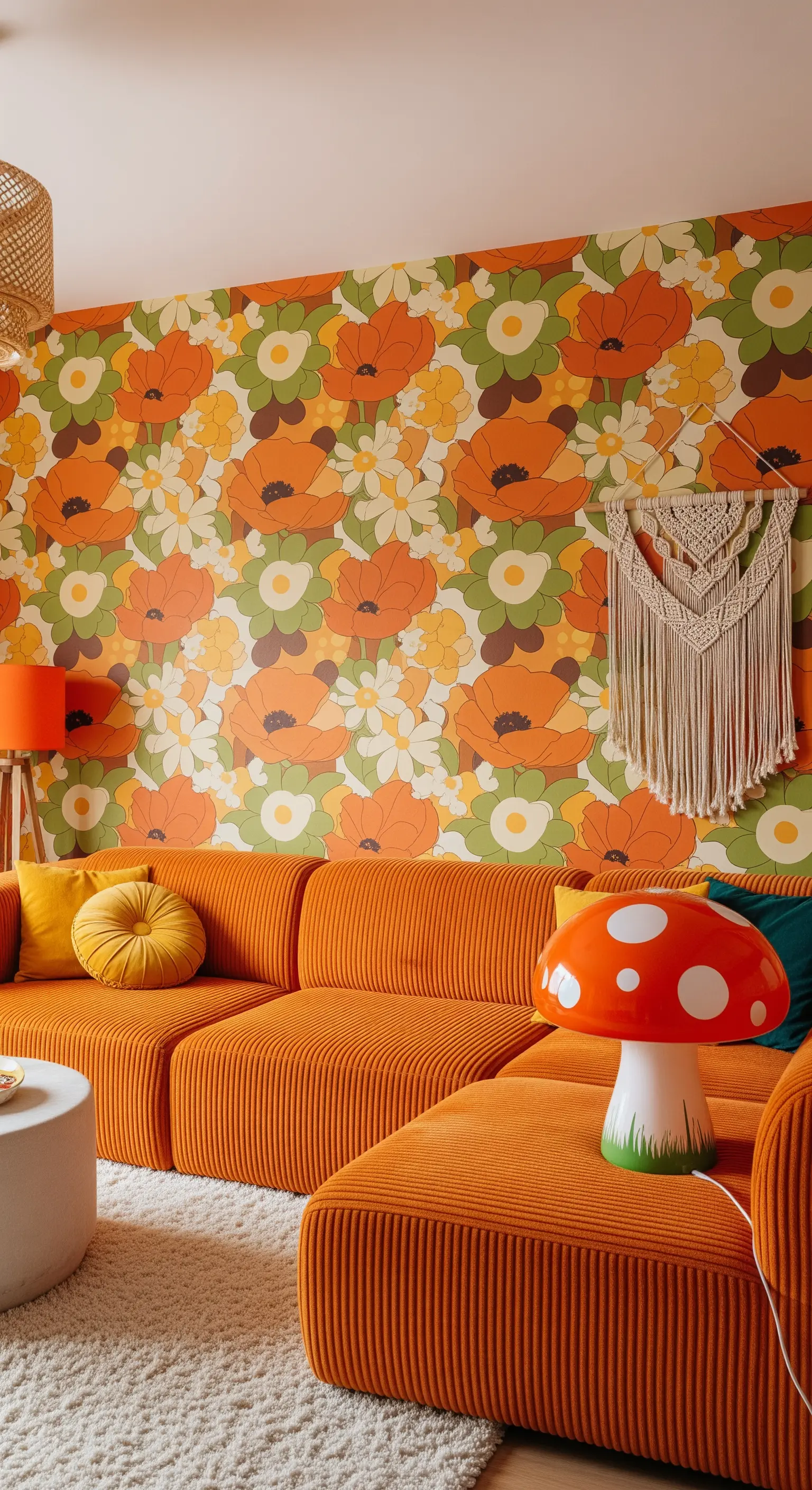 Soggiorno in stile anni '70 con carta da parati a fiori arancioni e divano a coste coordinato.