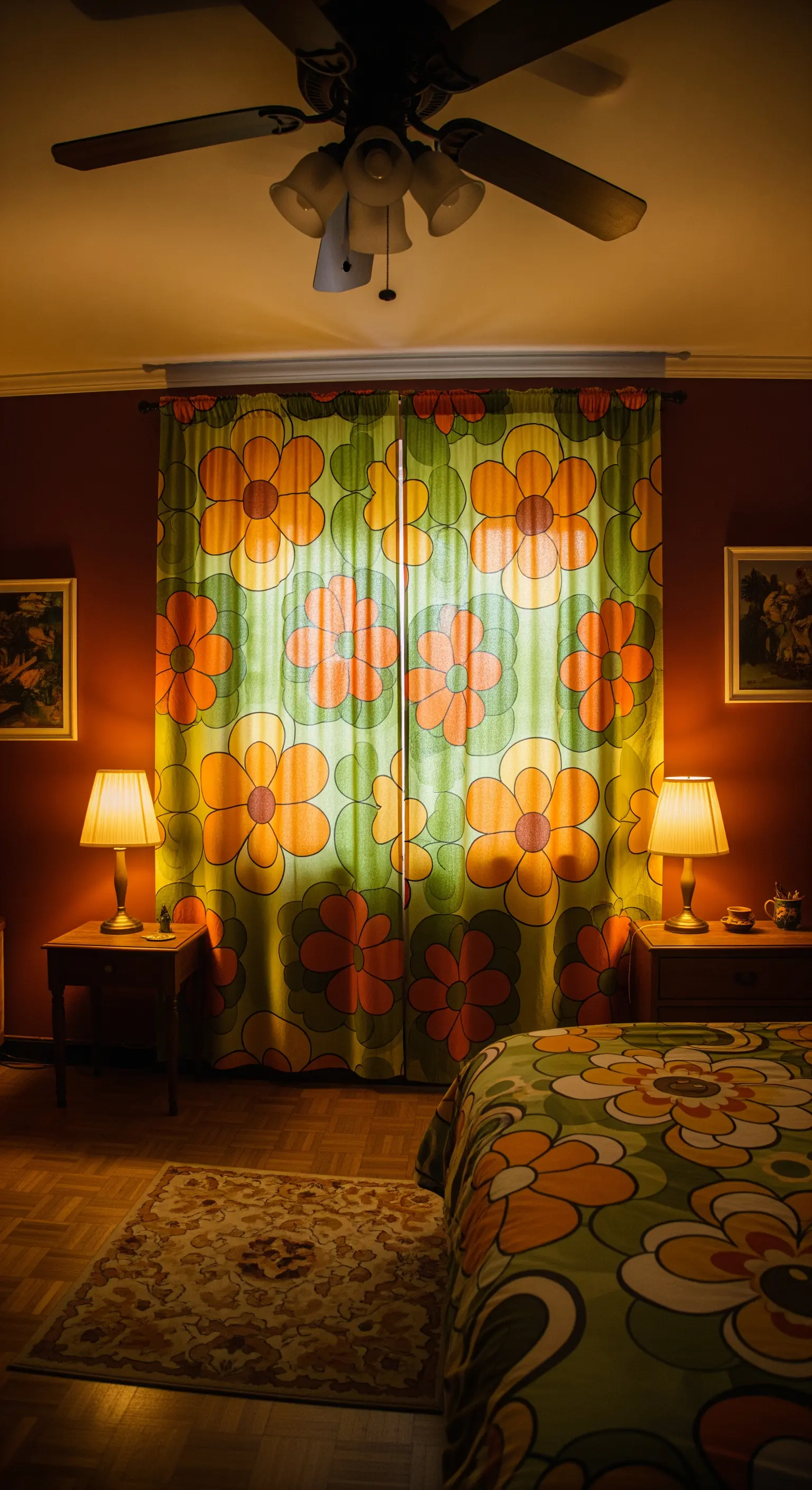 Tende con un grande motivo floreale stilizzato in arancione e verde, in stile anni Settanta.