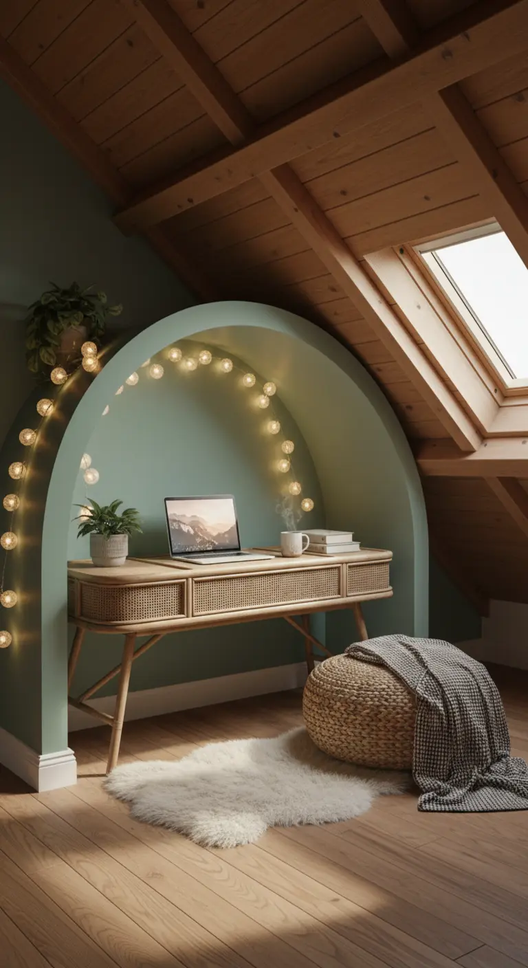 Scrivania in rattan inserita in una nicchia ad arco verde salvia, decorata con luci a stringa.