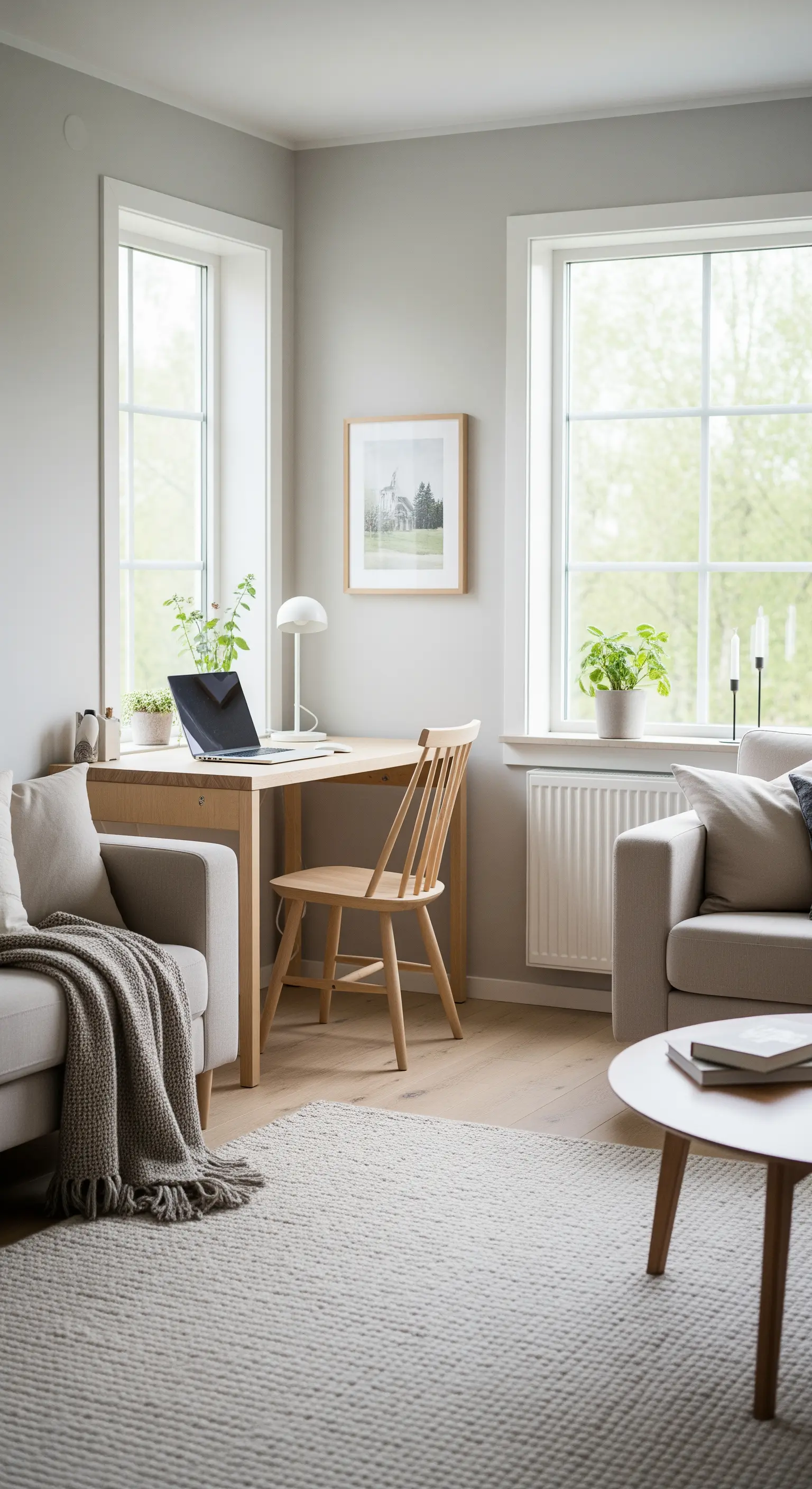Piccolo angolo studio con scrivania e sedia in legno chiaro tra due finestre in un salotto.