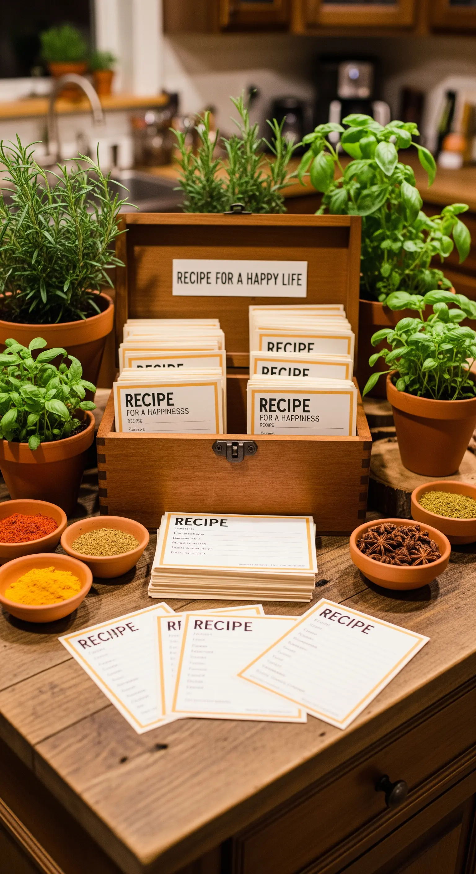 Scatola di legno con schede 'Ricetta per la felicità' per i consigli degli ospiti