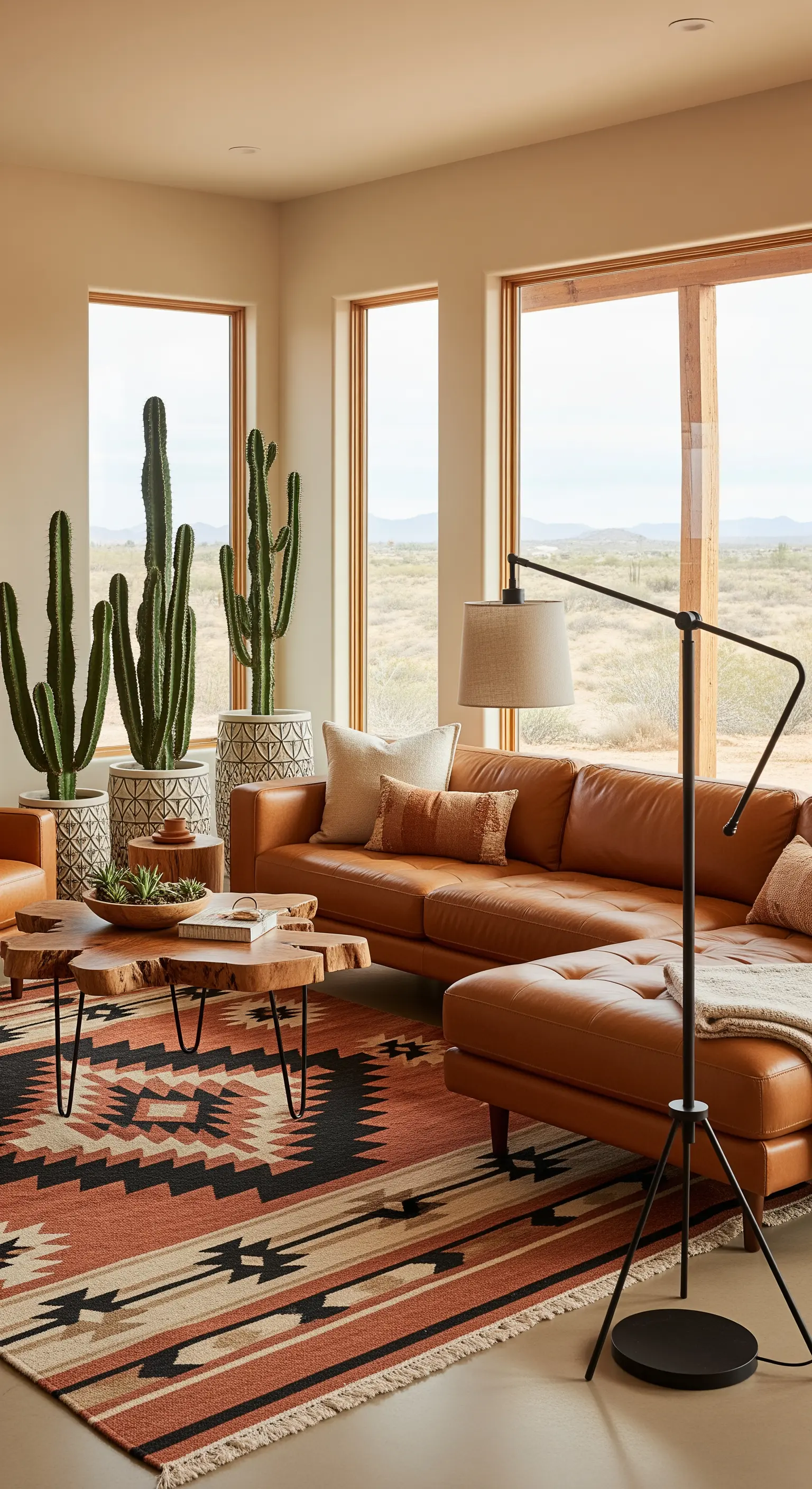 Salotto in stile Southwestern con divano in pelle, tappeto etnico e grandi cactus vicino alla finestra.