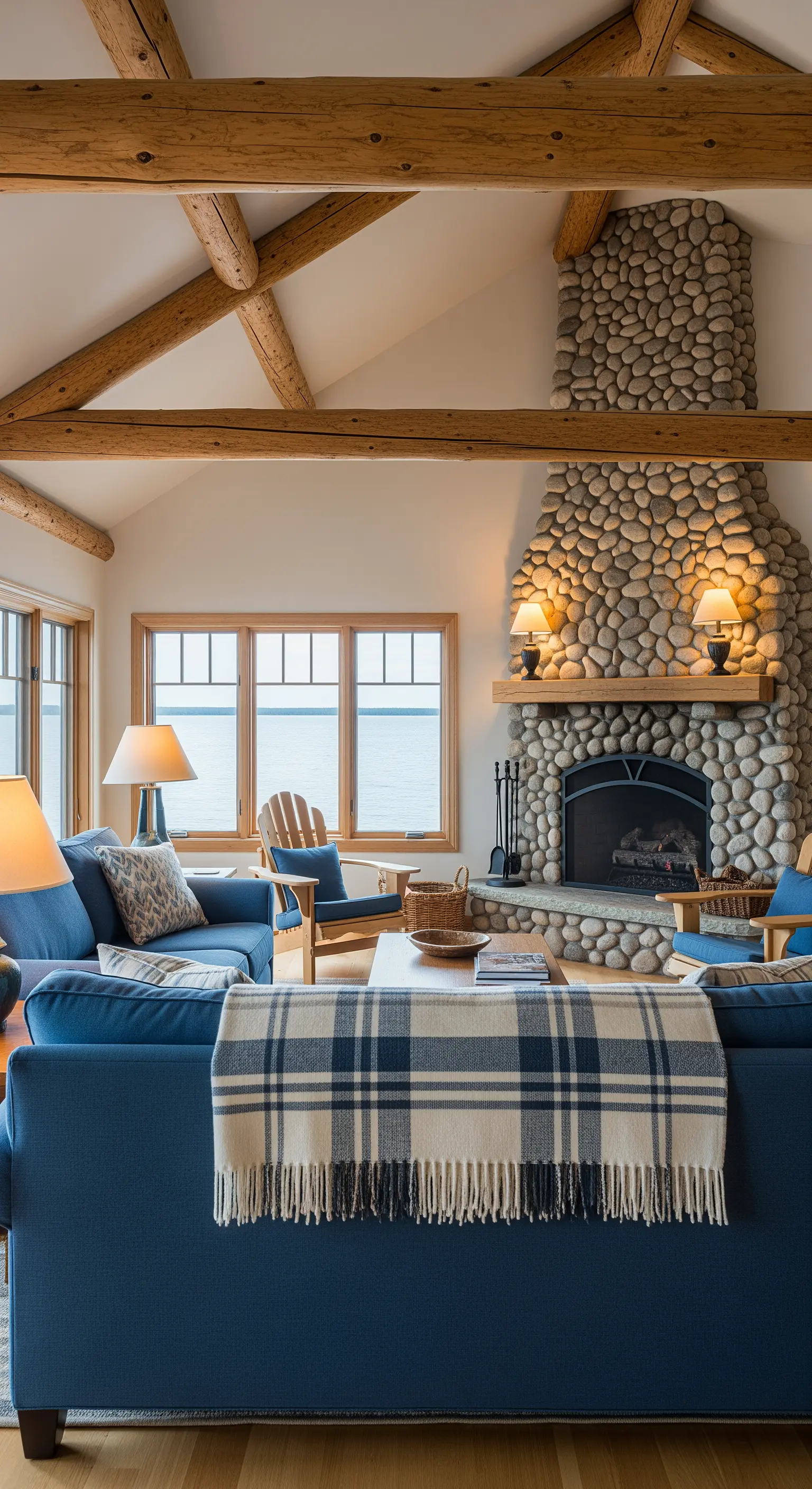 Soggiorno rustico costiero con camino in pietra di fiume e divani blu