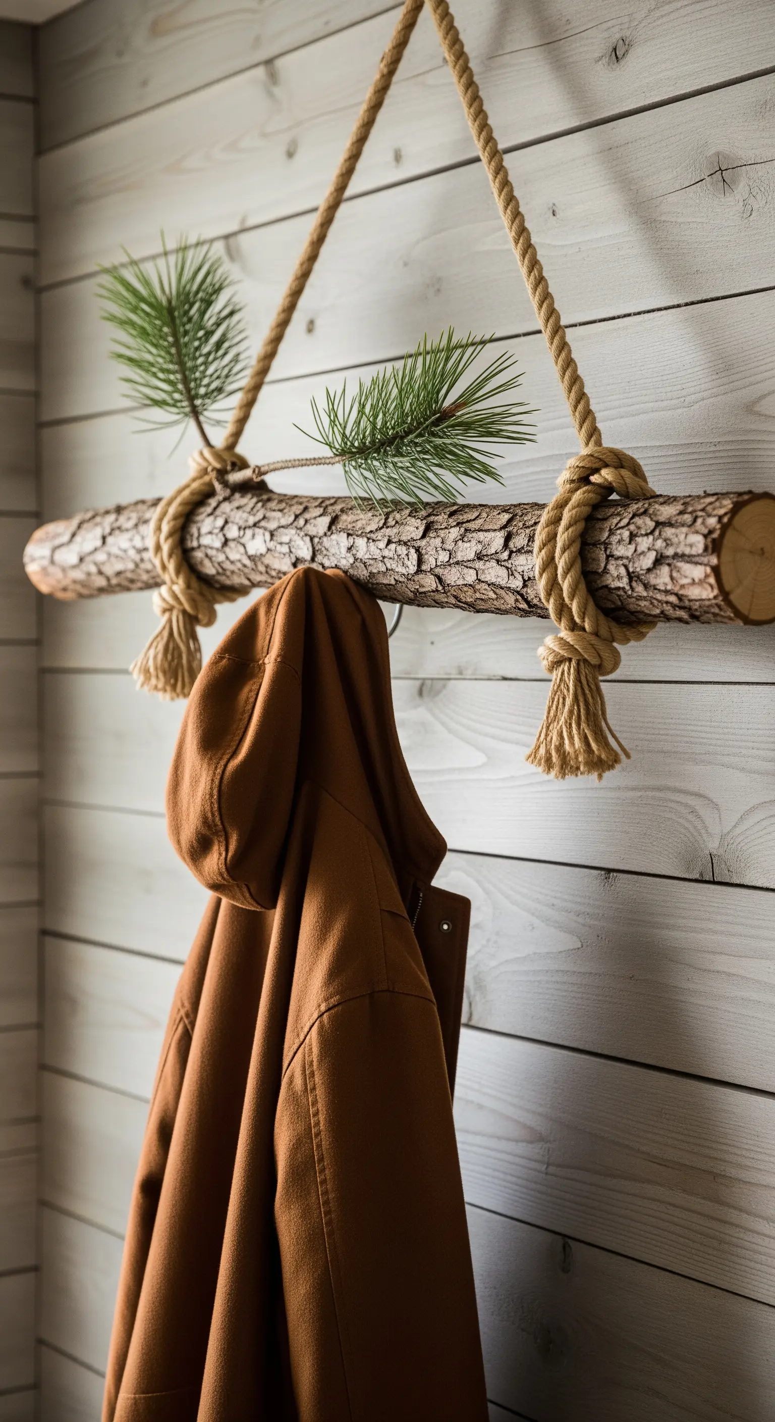 Ramo con corteccia grezza e corda di canapa, decorato con rametti di pino fresco.