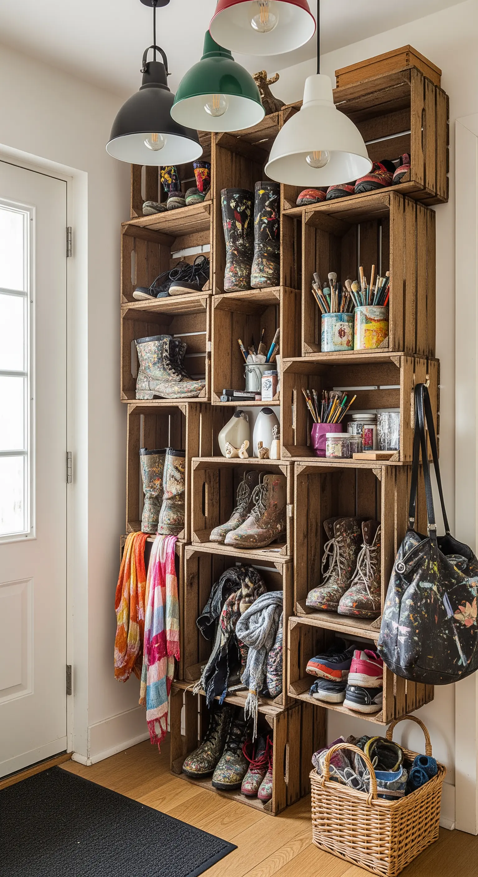 Libreria fai-da-te realizzata con cassette di legno impilate per contenere scarpe e oggetti.