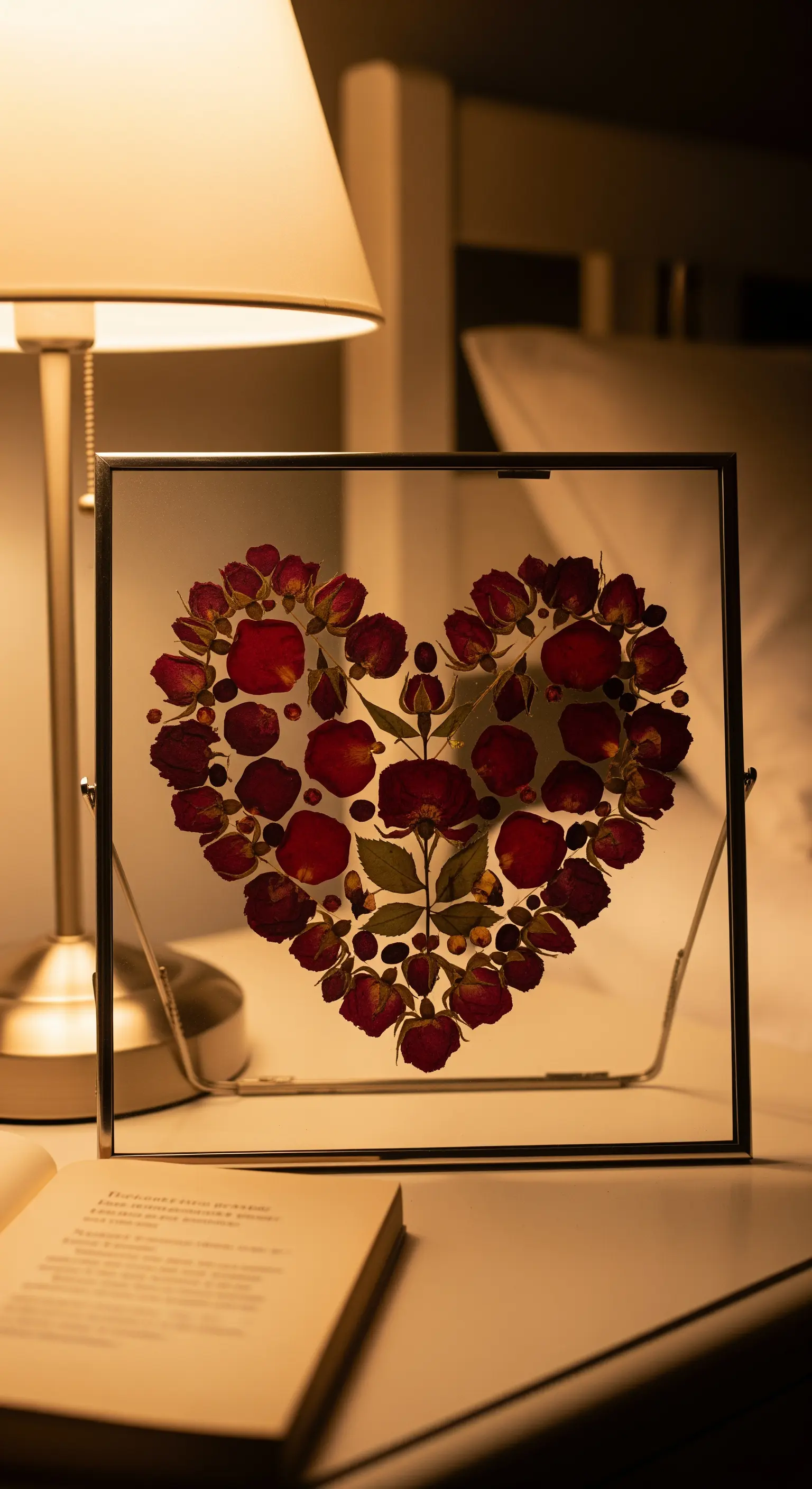 Petali di rosa rossa essiccati compongono una forma a cuore in una cornice.