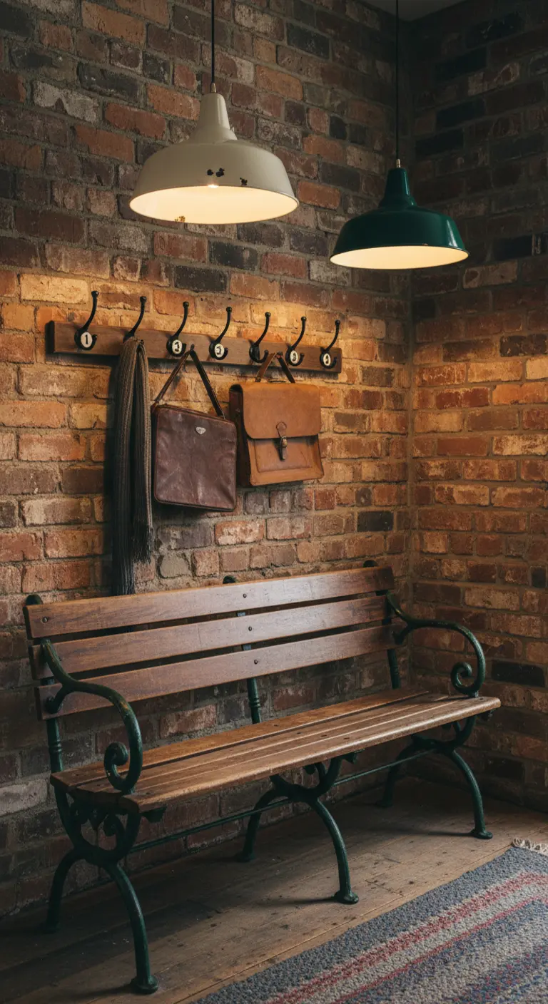 Angolo ingresso con panca vintage in legno e ghisa e lampade in smalto.